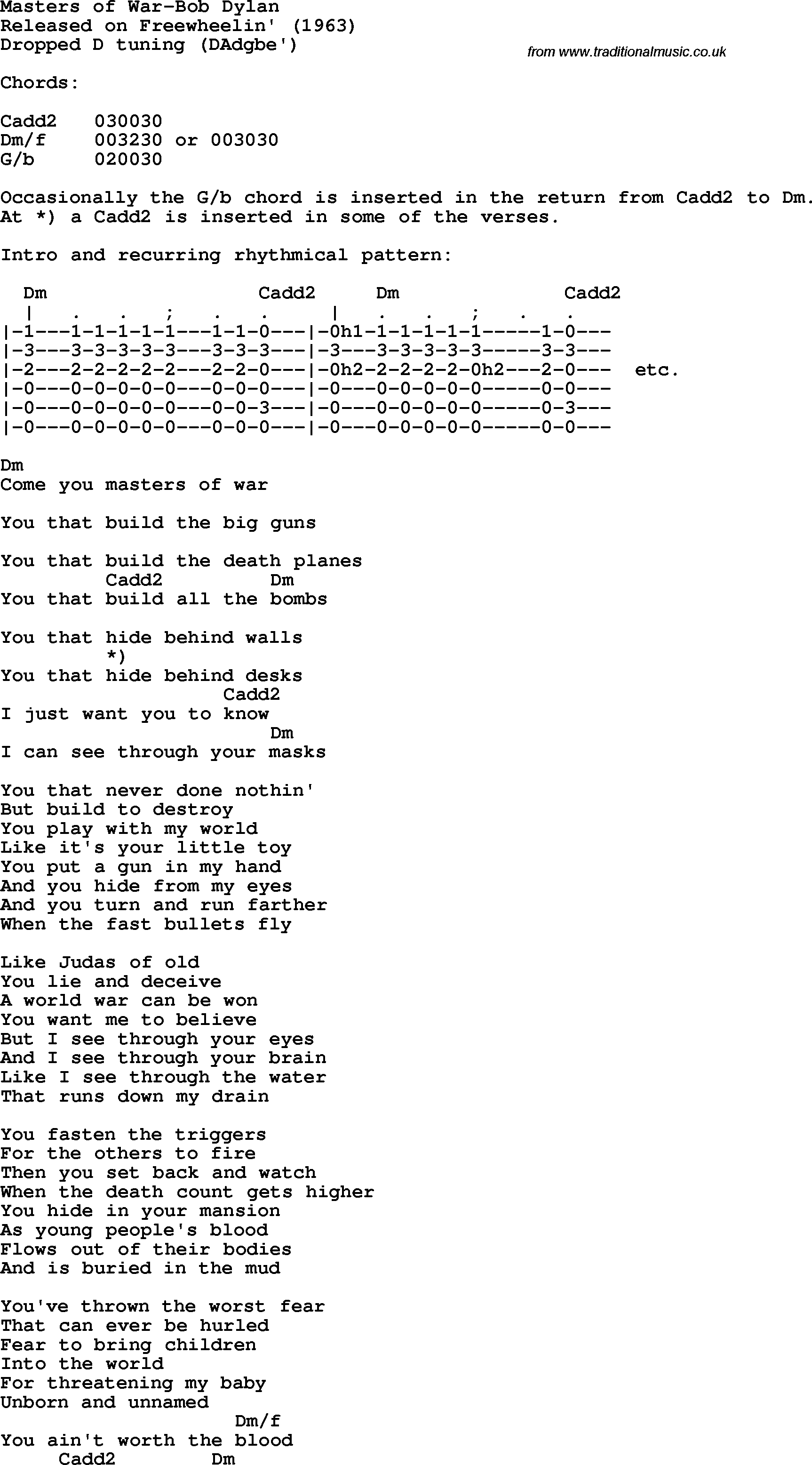 Protest Song Masters Of War-Bob Dylan lyrics and chords