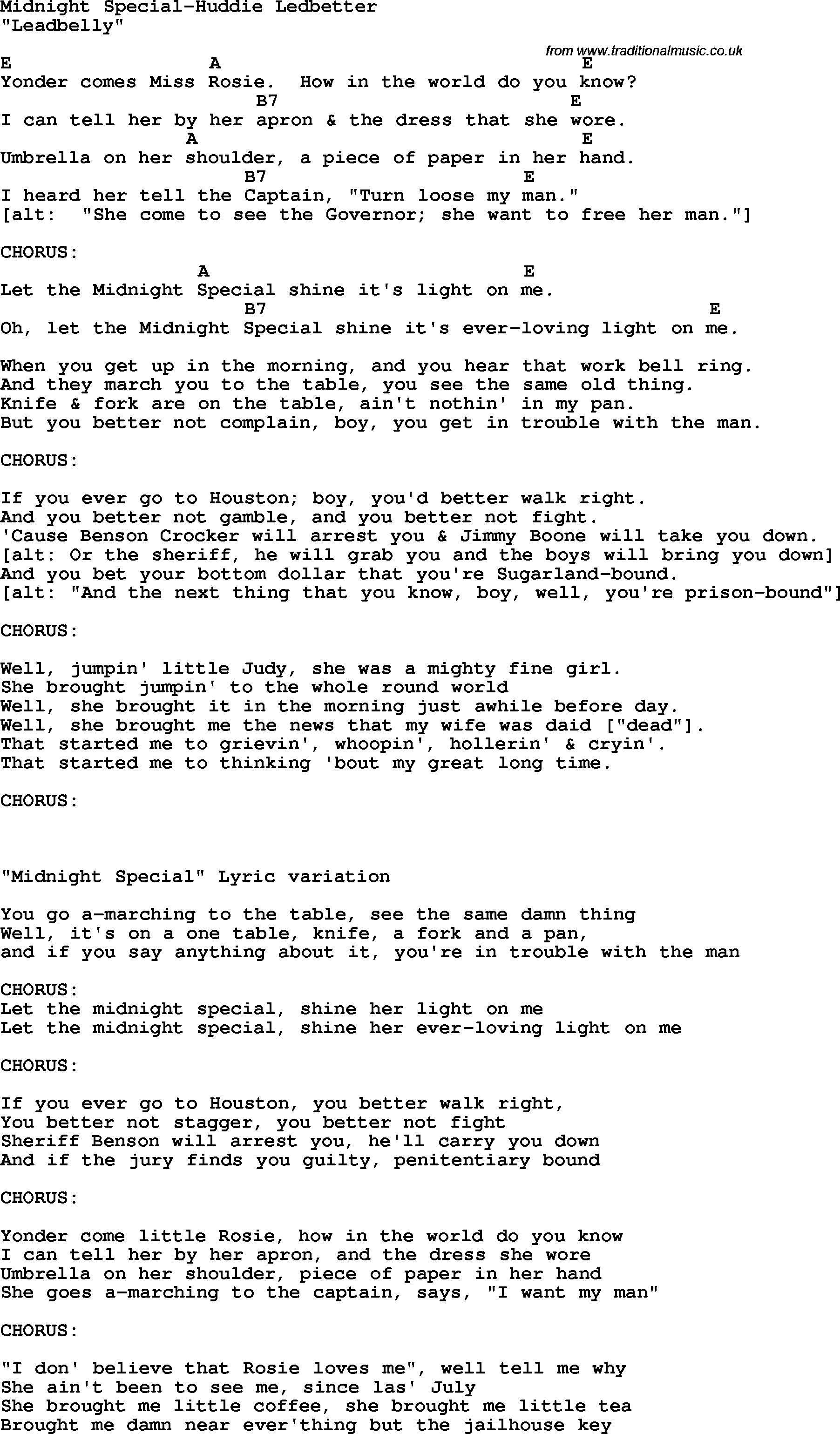 Protest Song Midnight Special-Huddie Ledbetter lyrics and chords