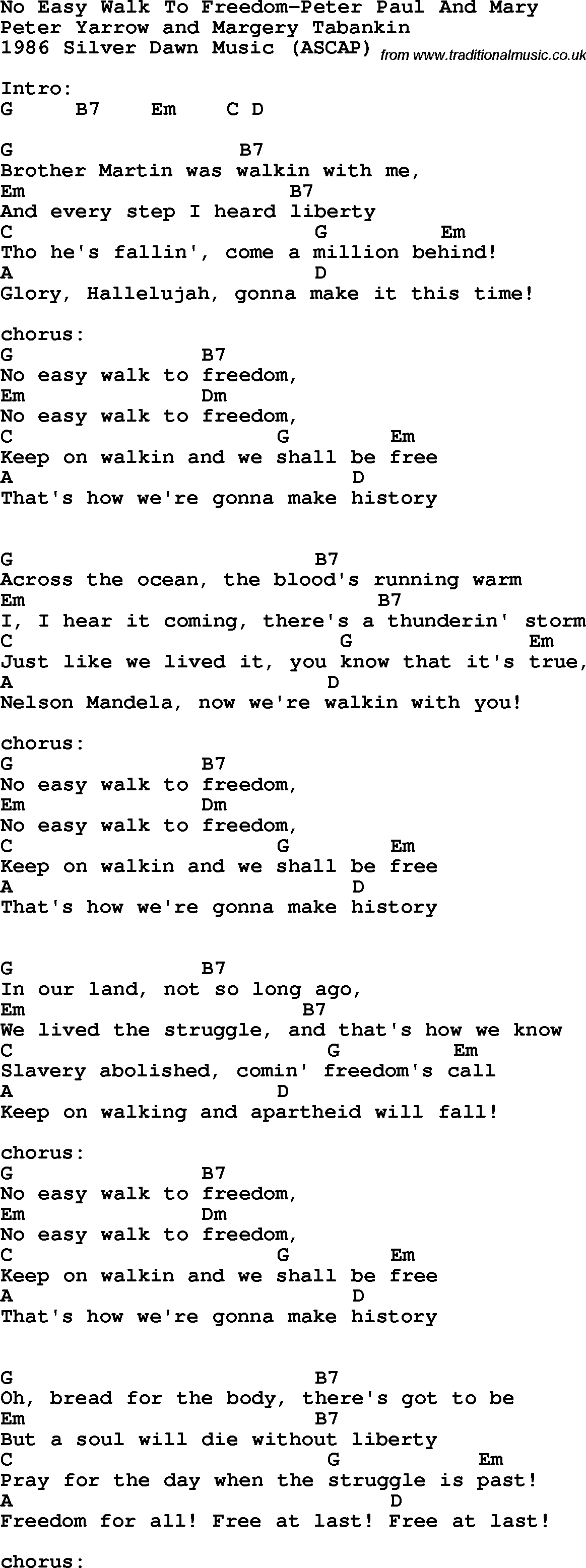 Protest Song No Easy Walk To Freedom-Peter Paul And Mary lyrics and chords