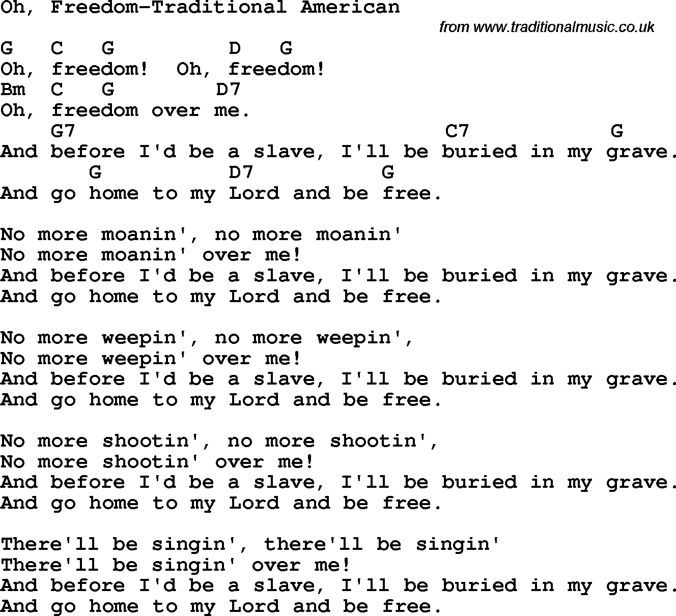 Protest Song Oh, Freedom-Traditional American lyrics and chords