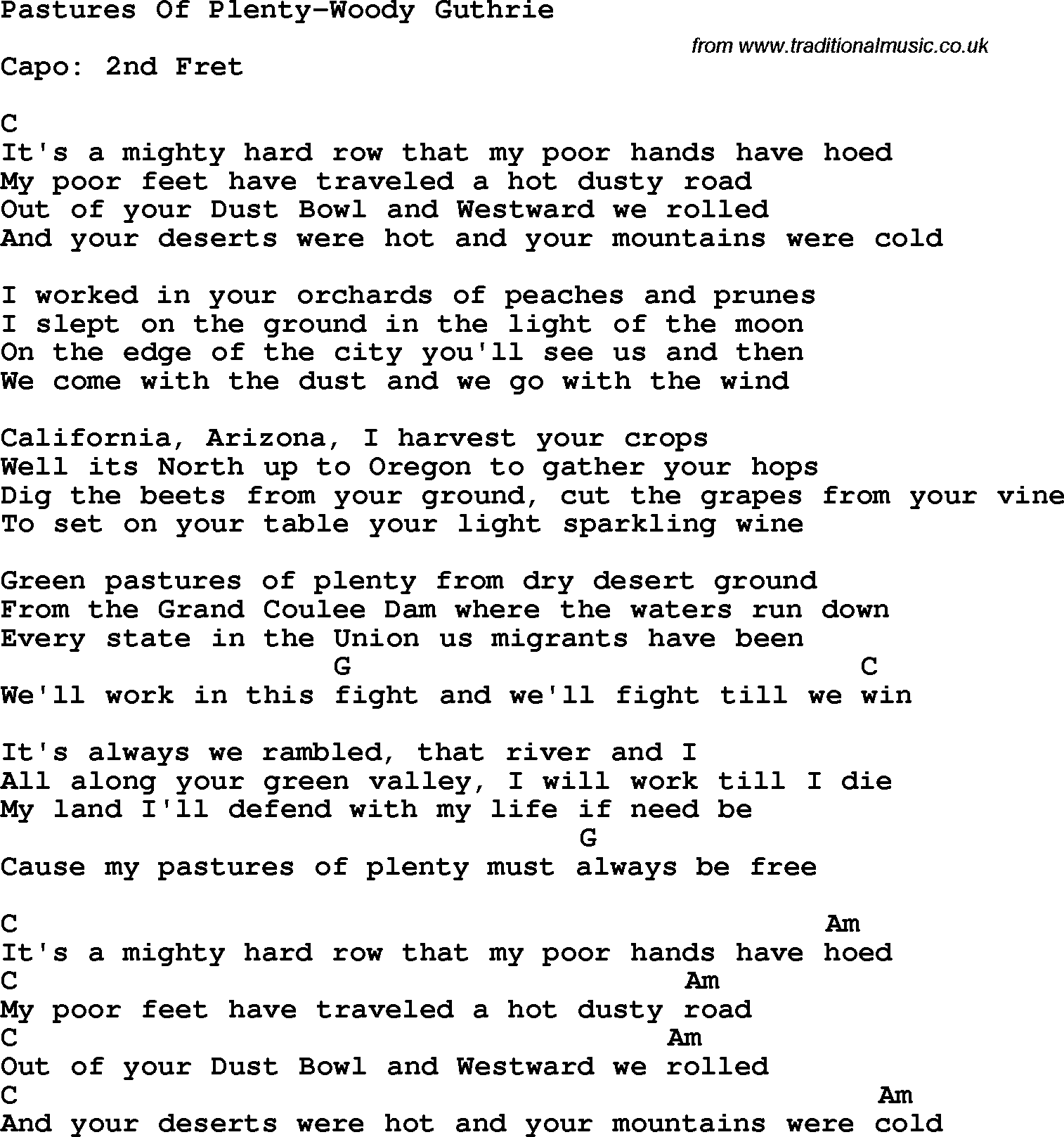 Protest Song Pastures Of Plenty-Woody Guthrie lyrics and chords