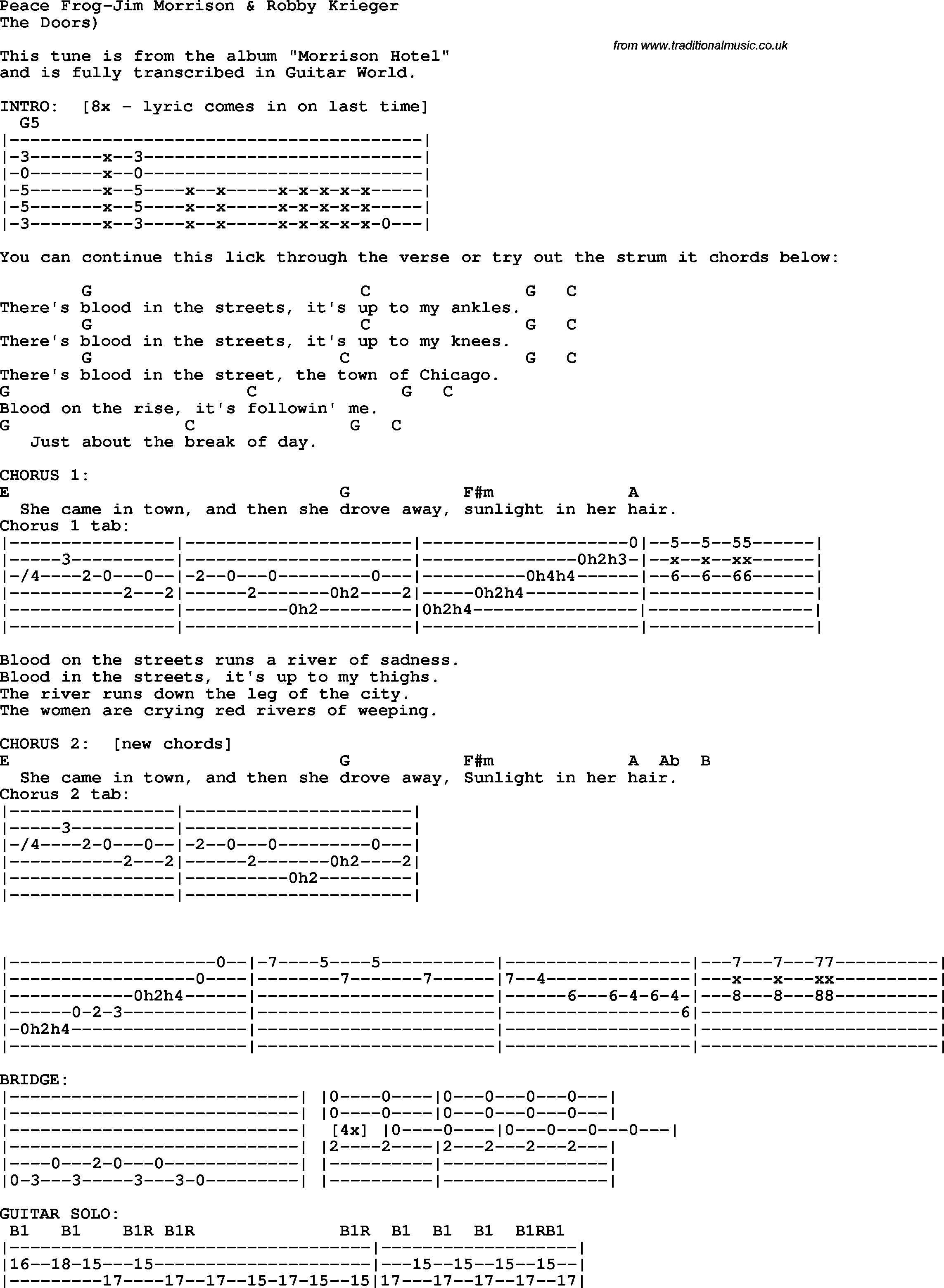 Protest Song Peace Frog-Jim Morrison & Robby Krieger lyrics and chords