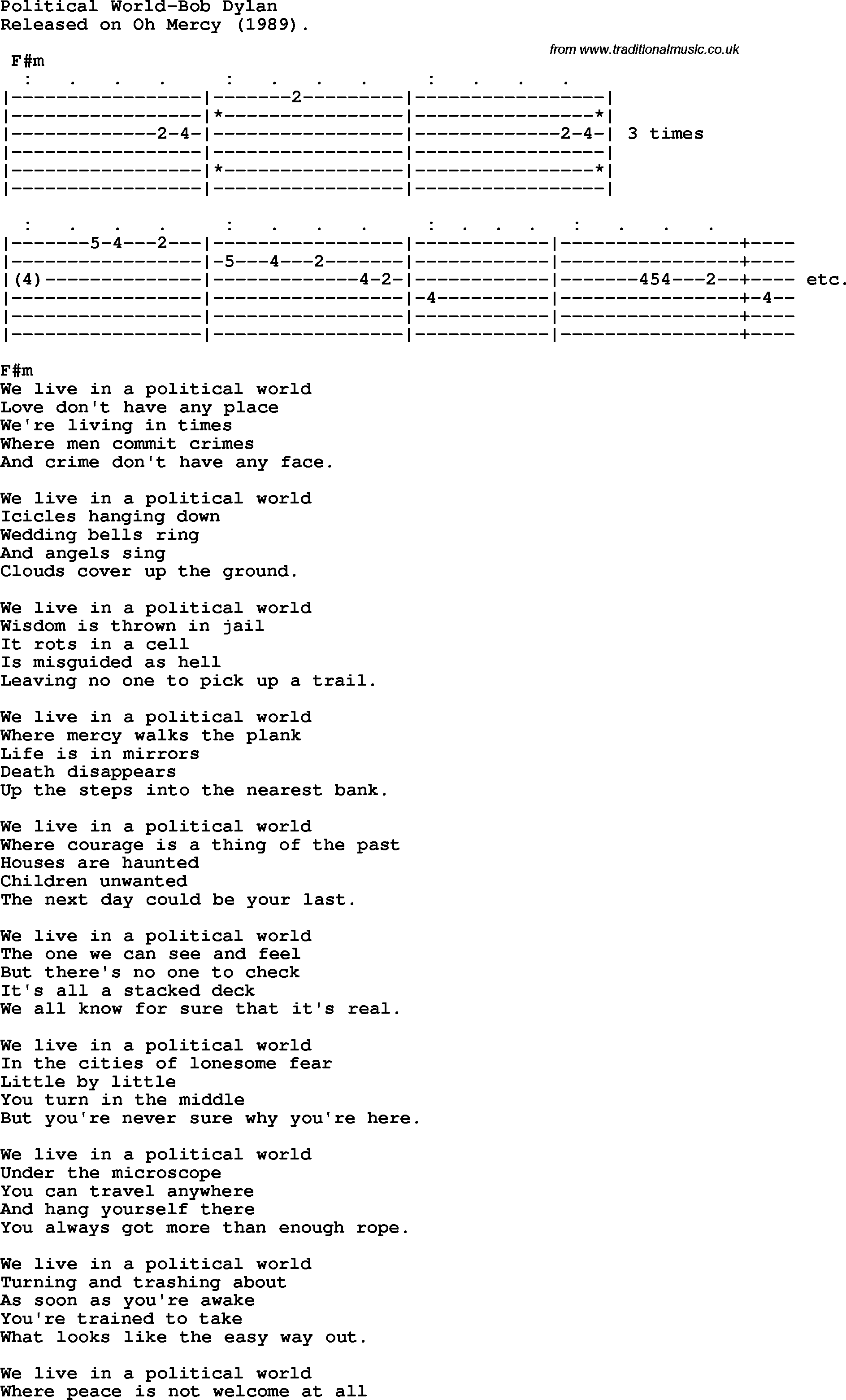 Protest Song Political World-Bob Dylan lyrics and chords