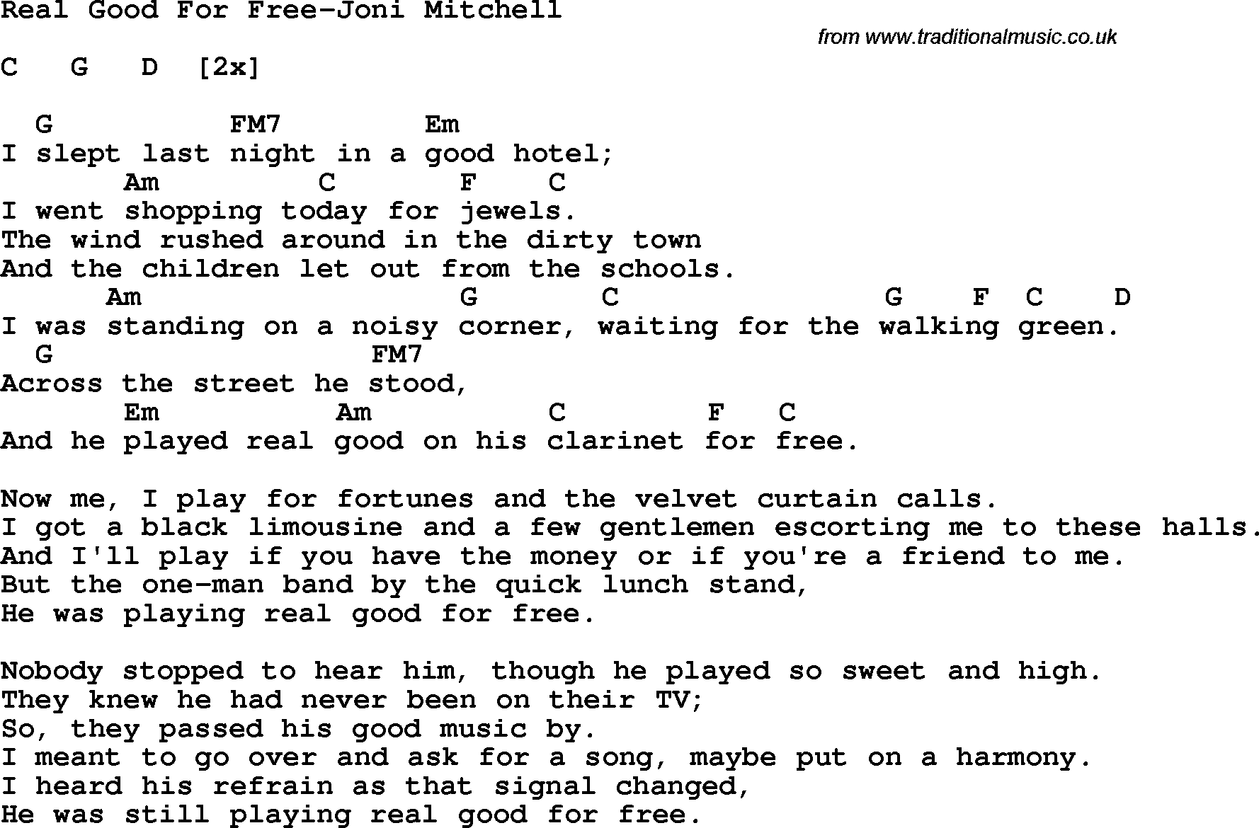 Protest Song Real Good For Free-Joni Mitchell lyrics and chords