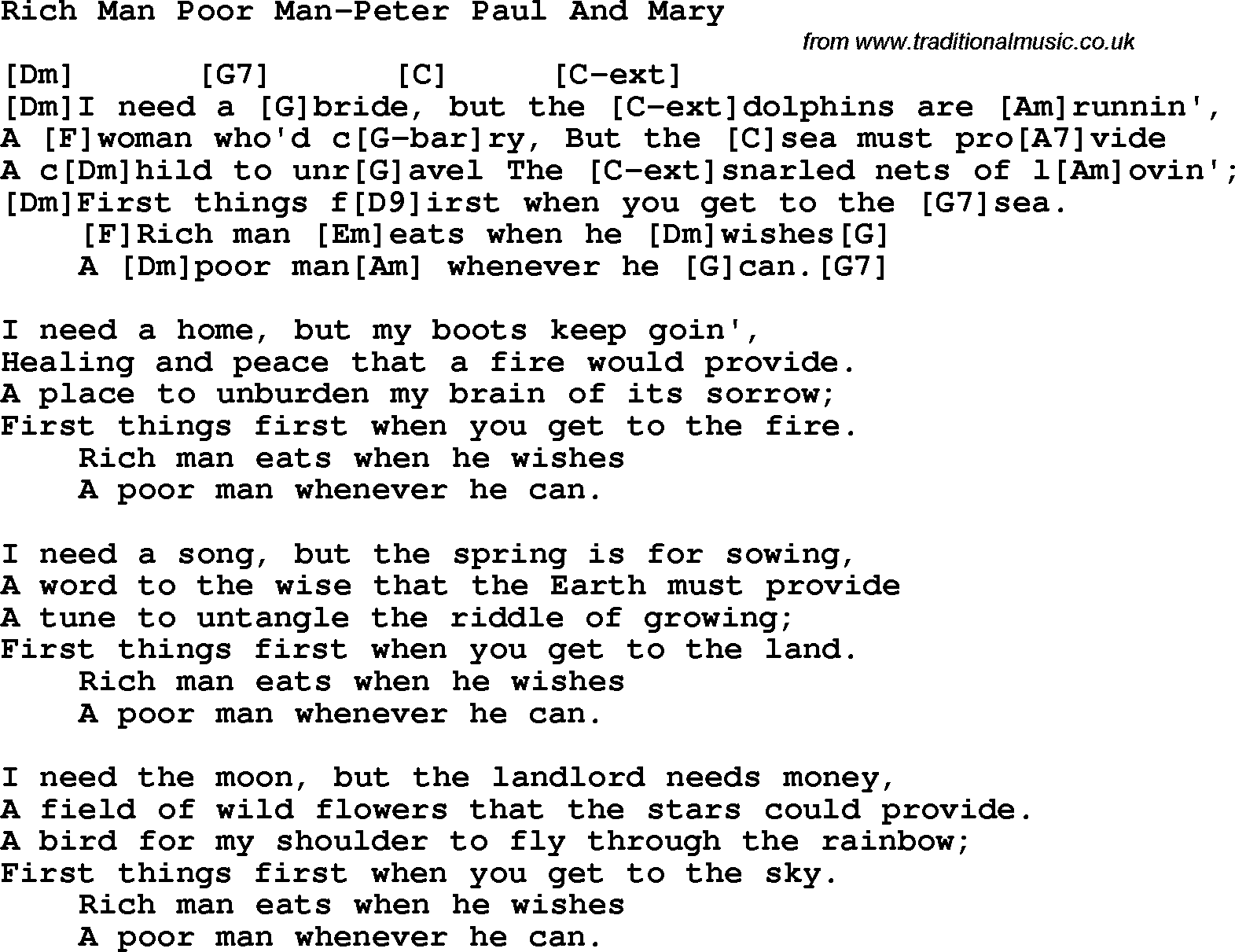 Protest Song Rich Man Poor Man-Peter Paul And Mary lyrics and chords