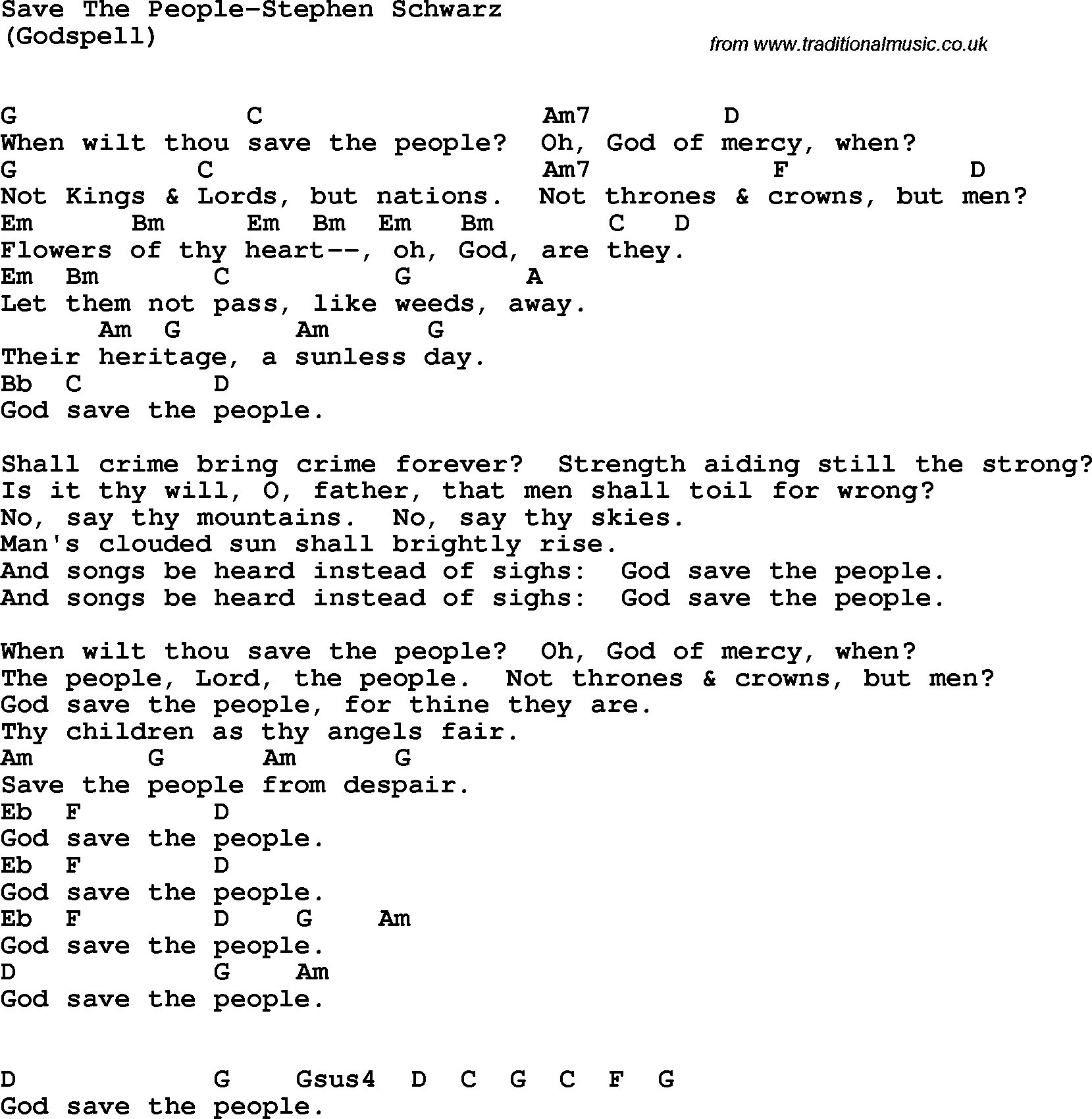 Protest Song Save The People-Stephen Schwarz lyrics and chords