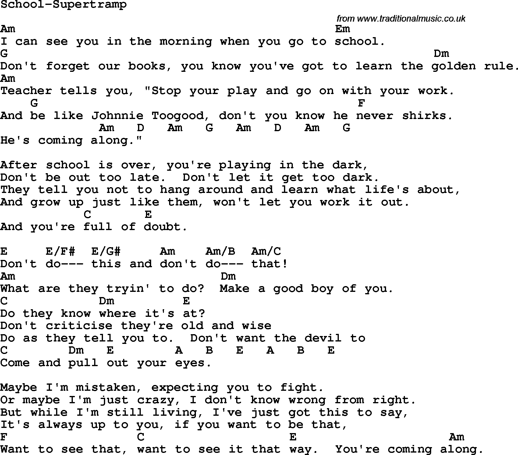 Protest Song School-Supertramp lyrics and chords
