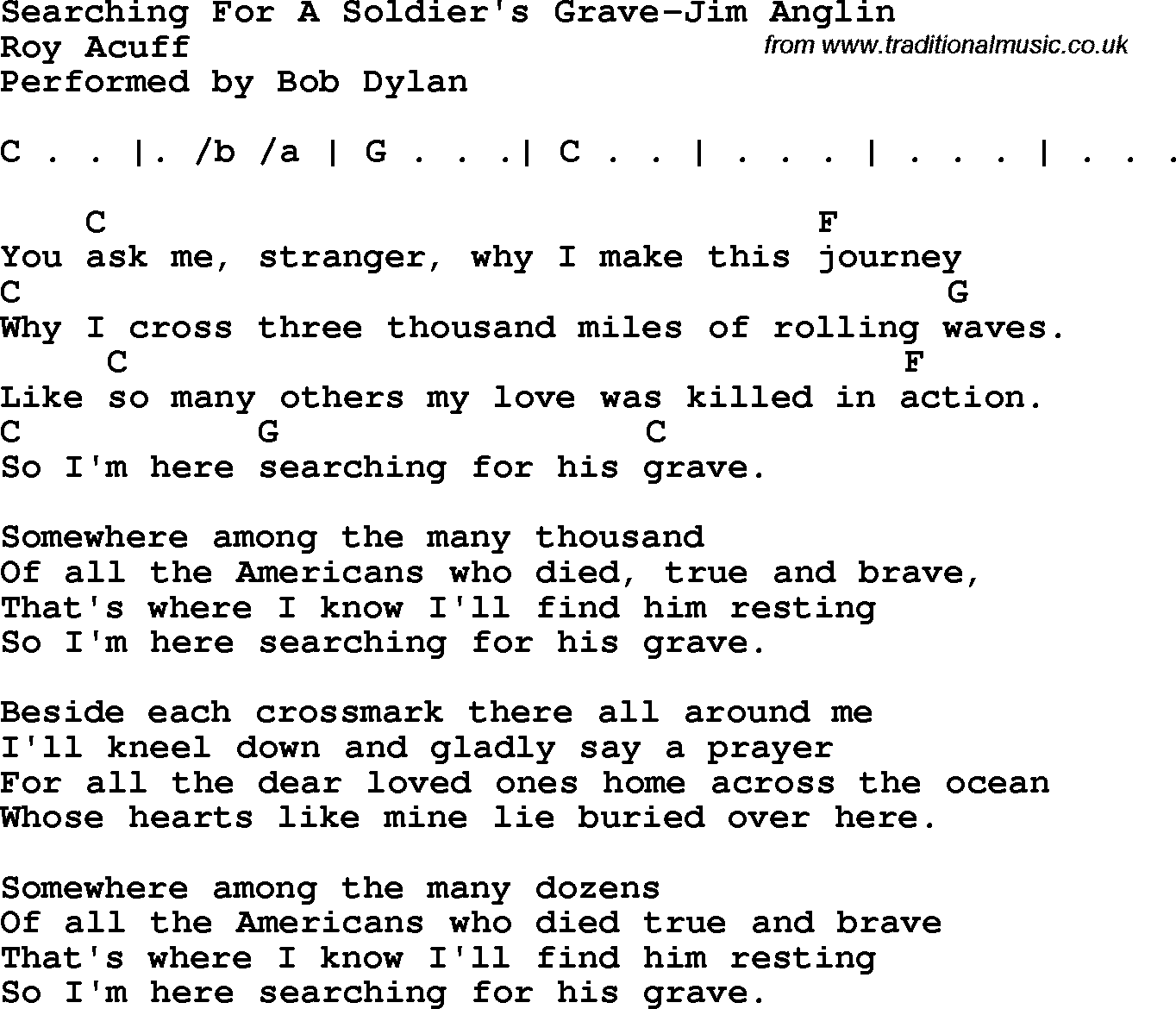 Protest Song Searching For A Soldier's Grave-Jim Anglin lyrics and chords