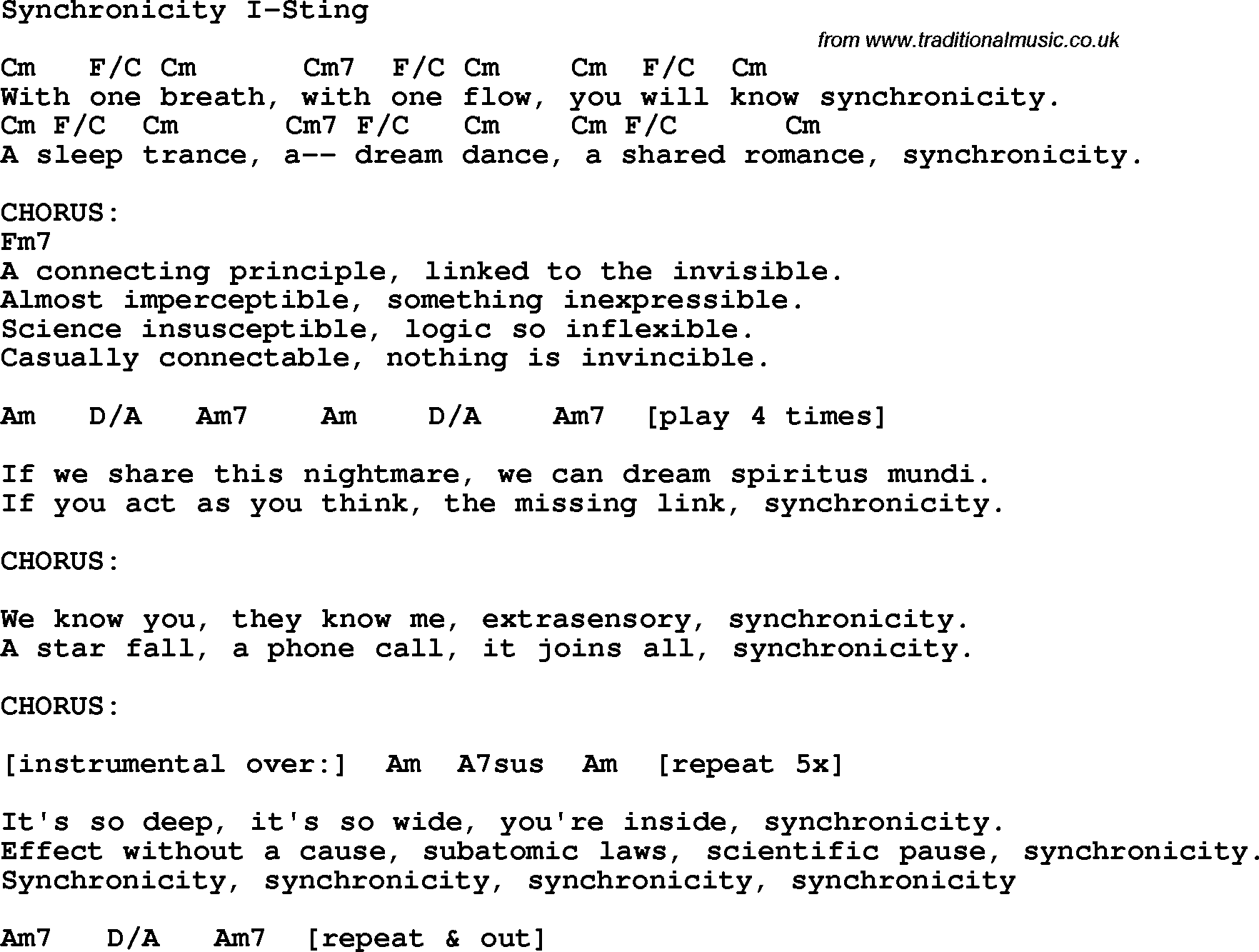Protest Song Synchronicity I-Sting lyrics and chords