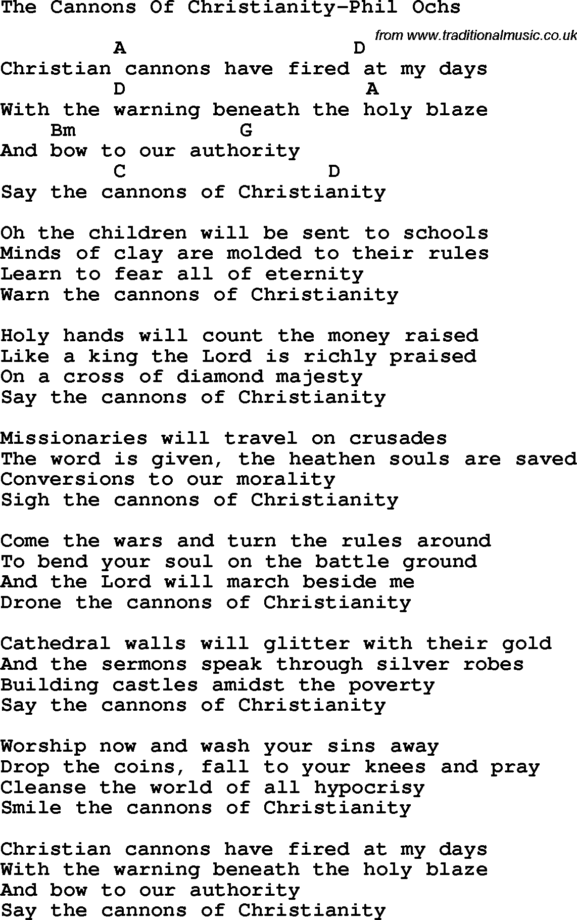 Protest Song The Cannons Of Christianity-Phil Ochs lyrics and chords