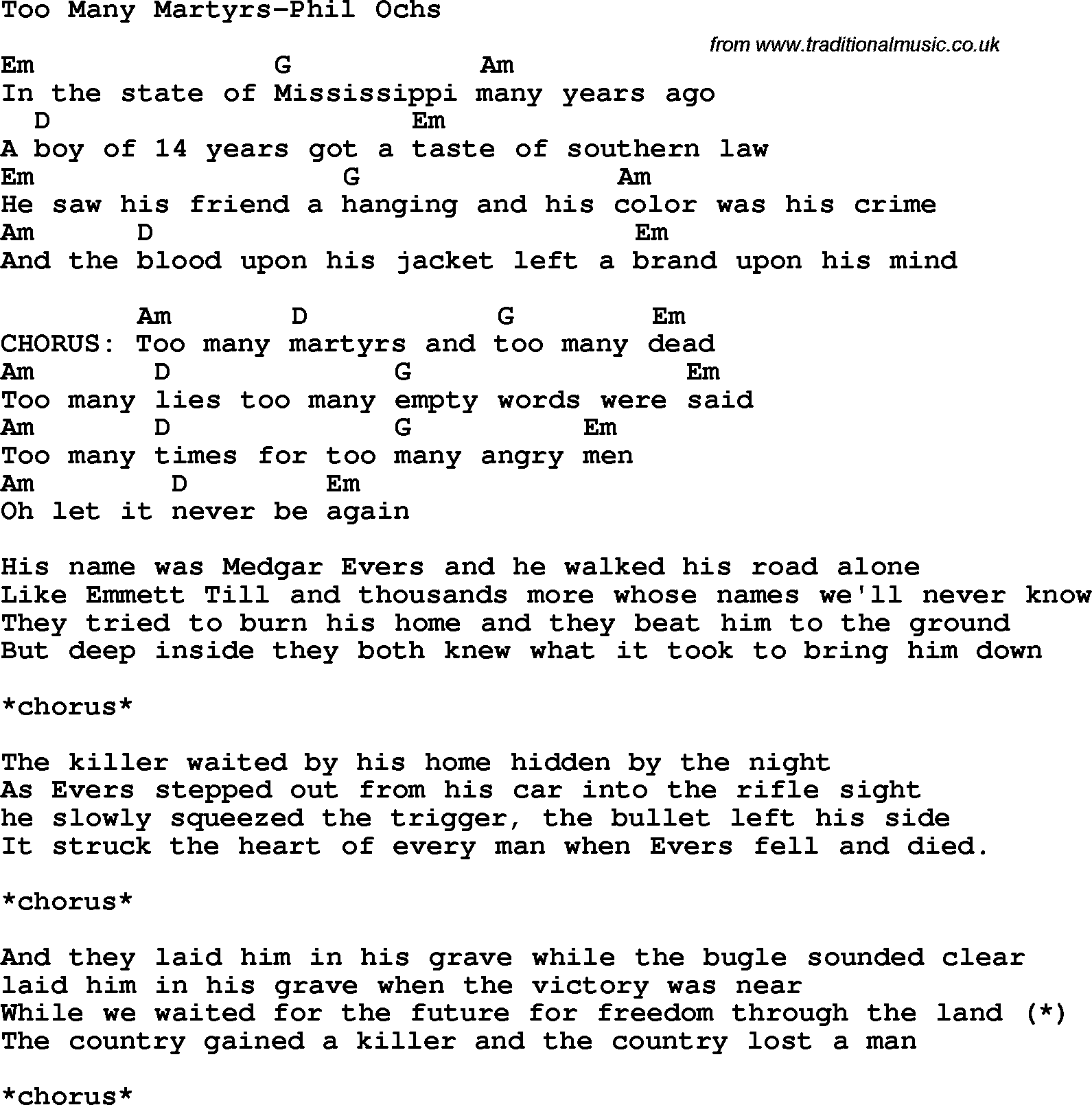 Protest Song Too Many Martyrs-Phil Ochs lyrics and chords