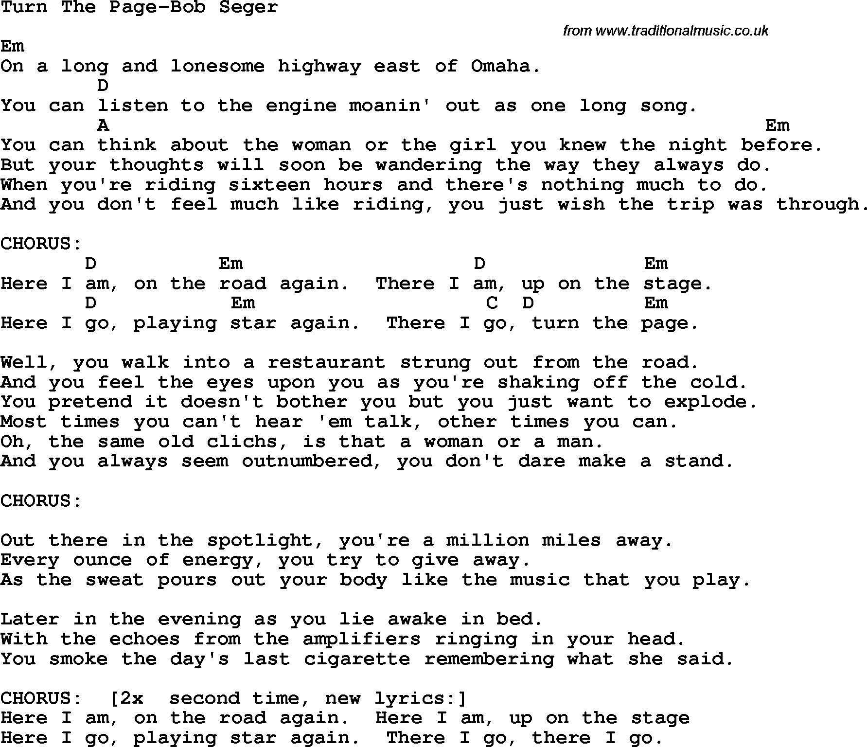 Protest Song Turn The Page-Bob Seger lyrics and chords