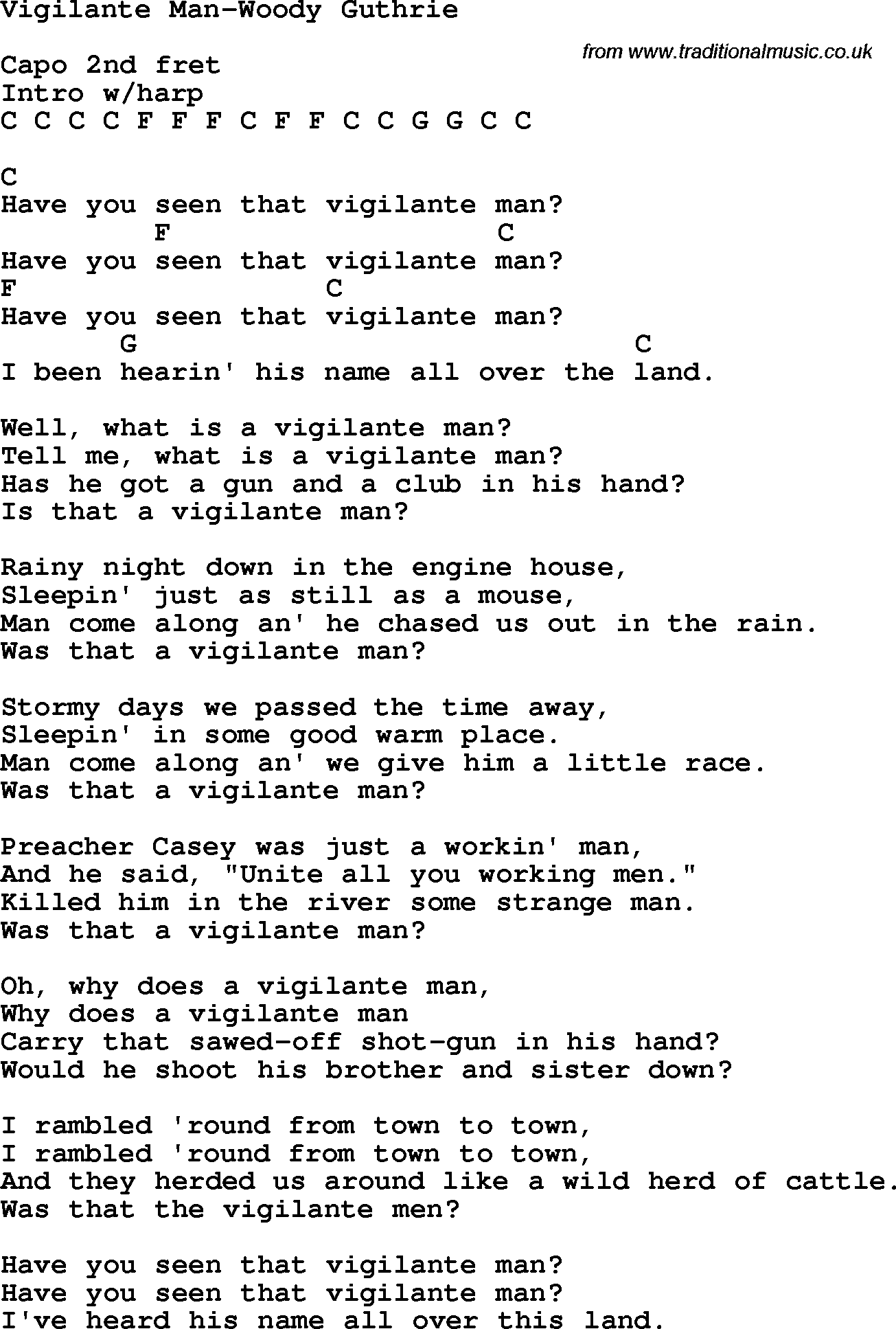 Protest Song Vigilante Man-Woody Guthrie lyrics and chords