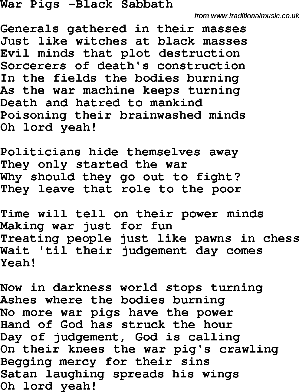 Protest Song War Pigs -Black Sabbath lyrics and chords