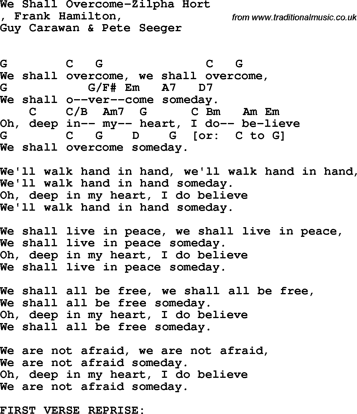 Protest Song We Shall Overcome-Zilpha Hort lyrics and chords