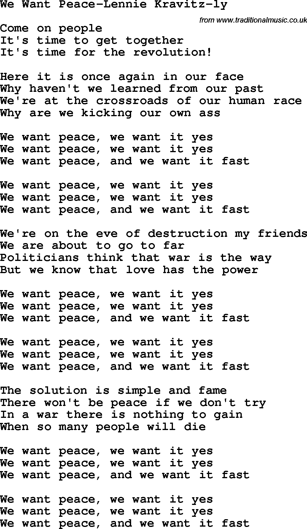 Protest Song We Want Peace -- Streaming Audio Lennie Kravitz Come On Peop lyrics and chords