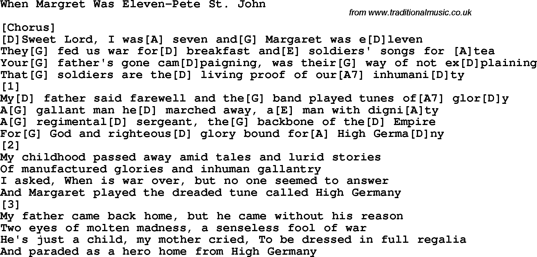 Protest Song When Margret Was Eleven-Pete St John lyrics and chords
