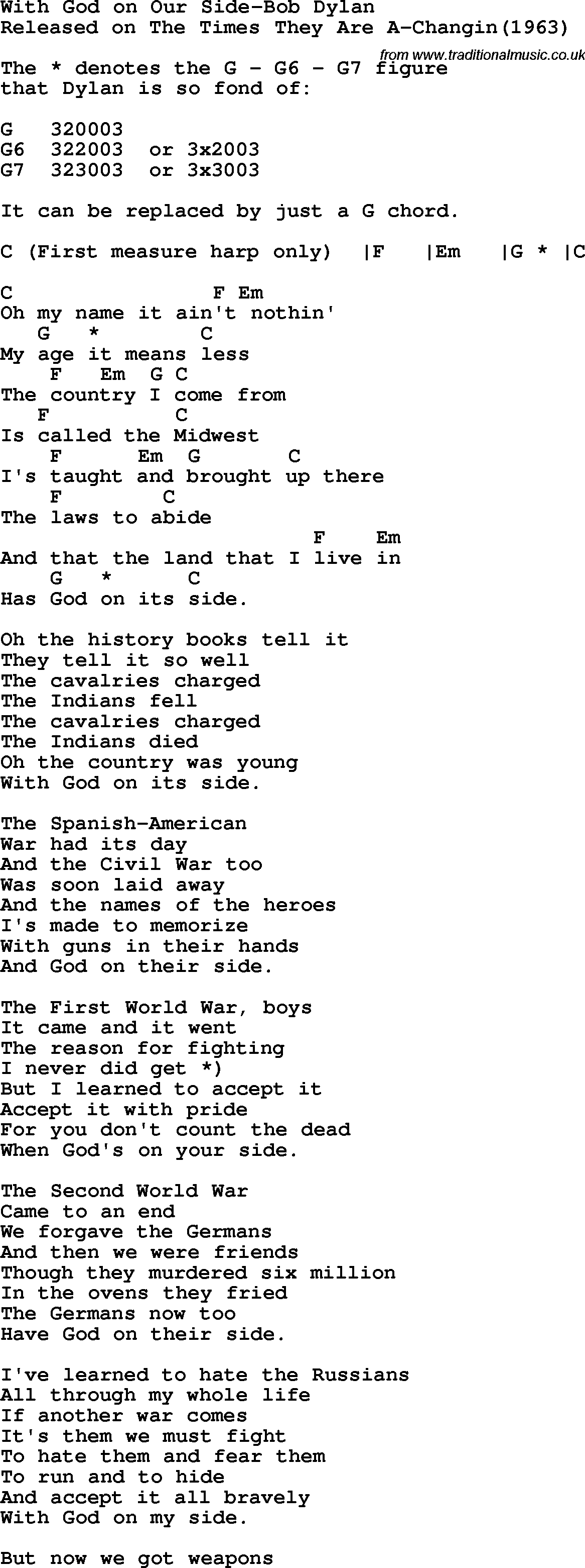 Protest Song With God On Our Side-Bob Dylan lyrics and chords