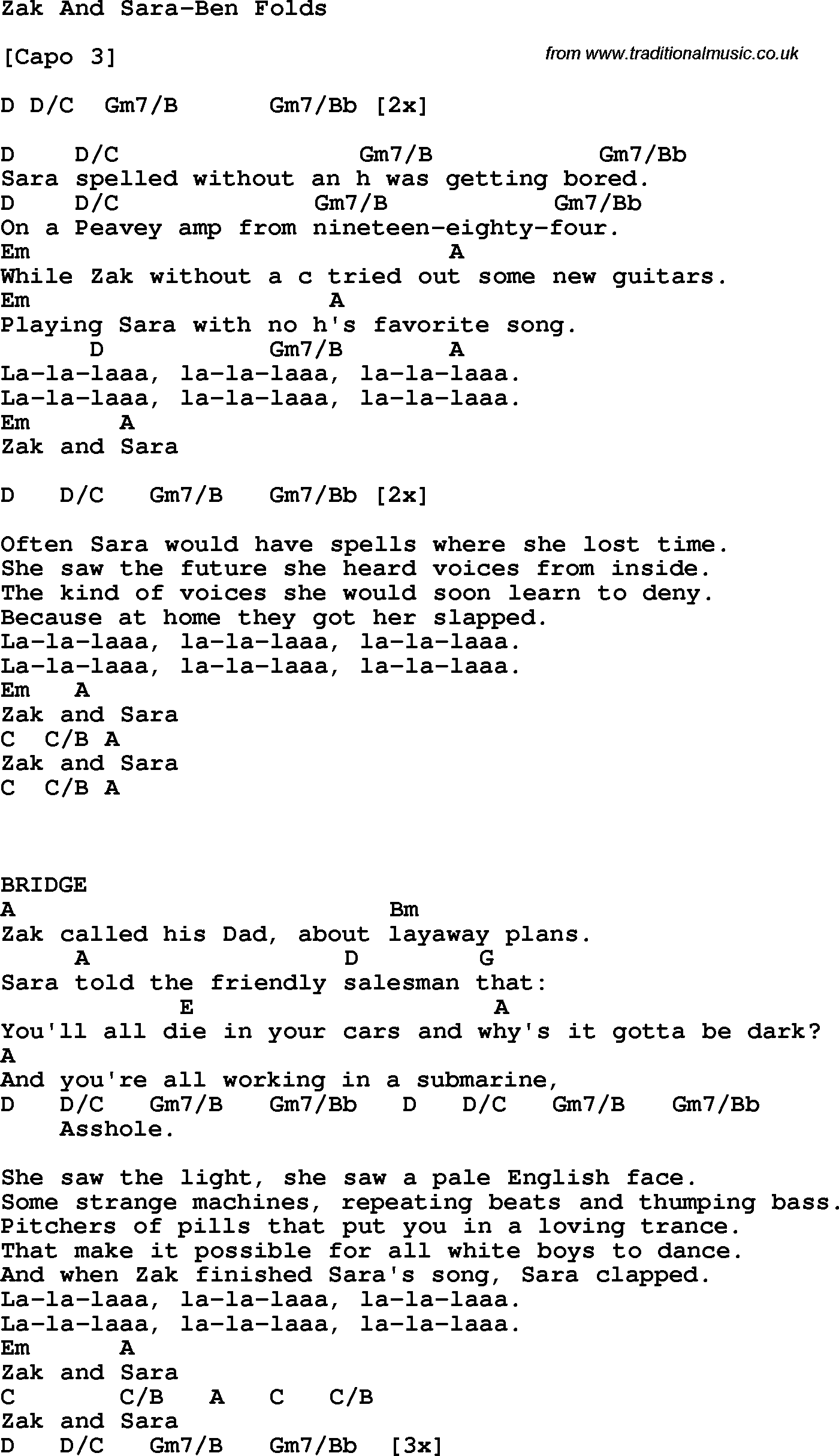Protest Song Zak And Sara-Ben Folds lyrics and chords