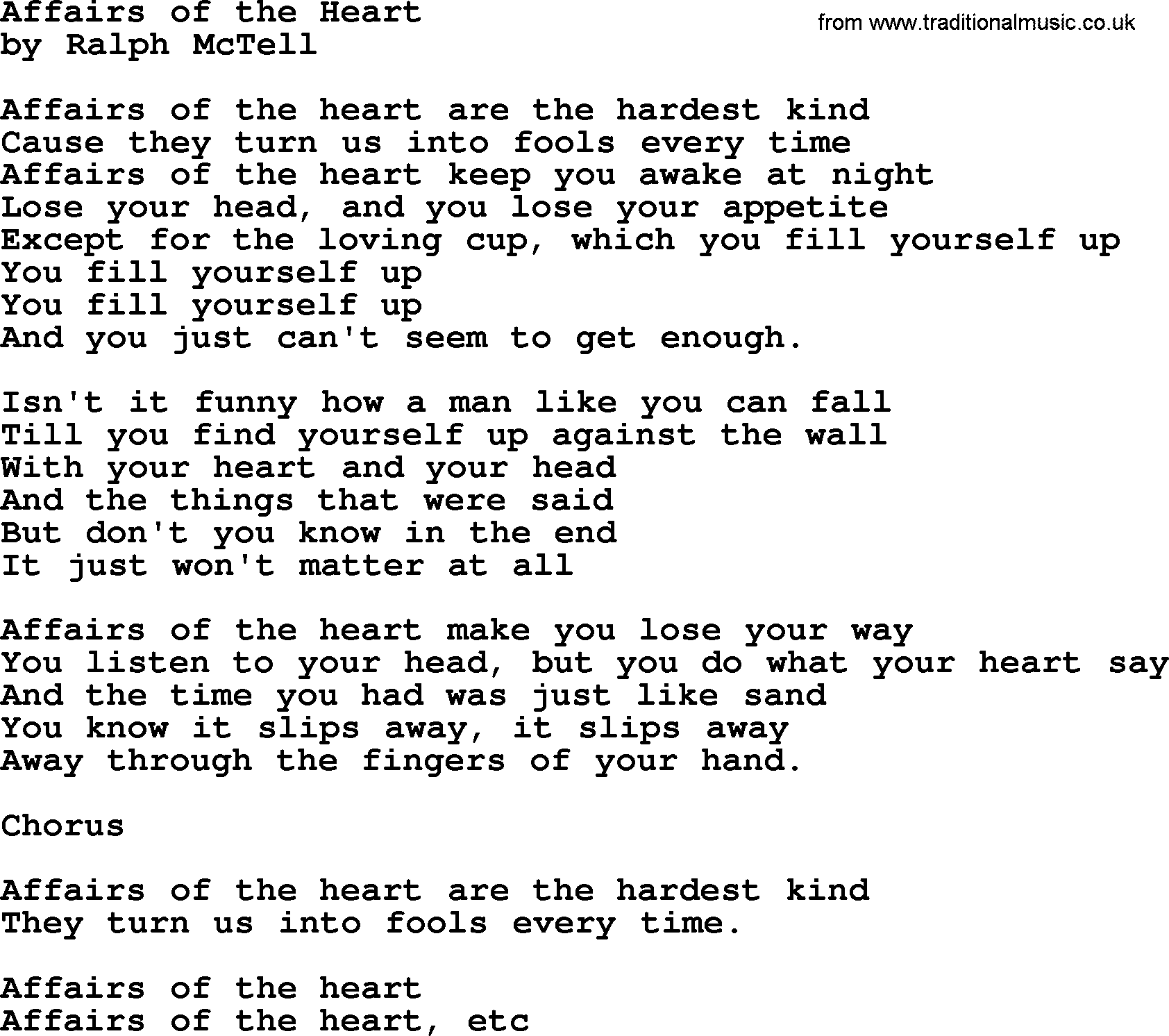 Ralph McTell Song: Affairs Of The Heart, lyrics