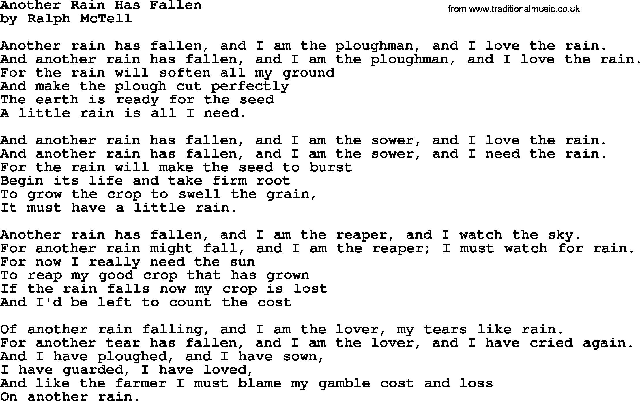 Ralph McTell Song: Another Rain Has Fallen, lyrics