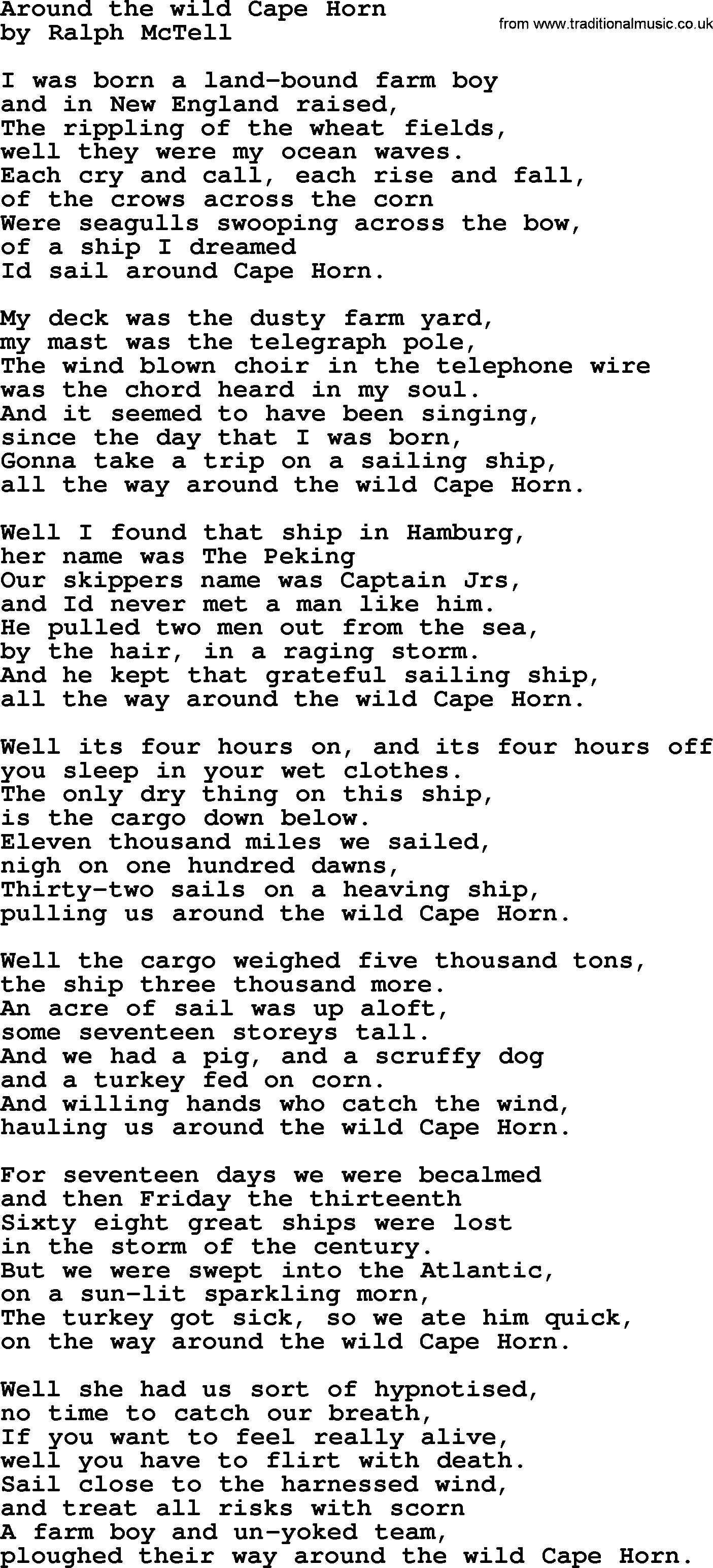 Ralph McTell Song: Around The Wild Cape Horn, lyrics