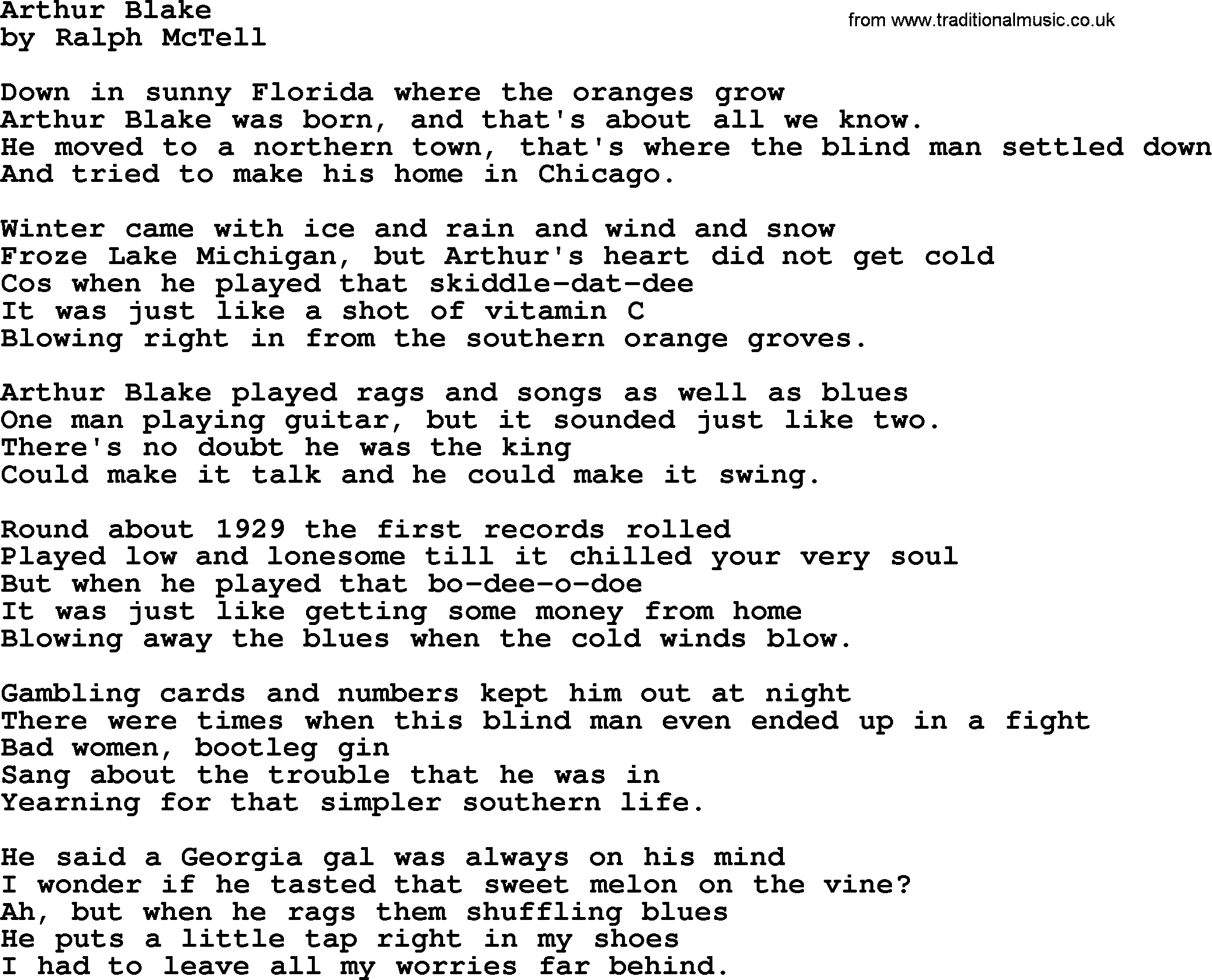 Ralph McTell Song: Arthur Blake, lyrics