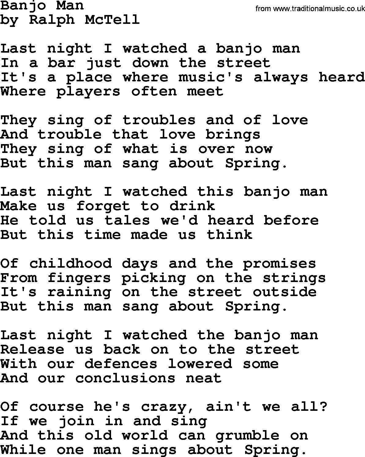 Ralph McTell Song: Banjo Man, lyrics