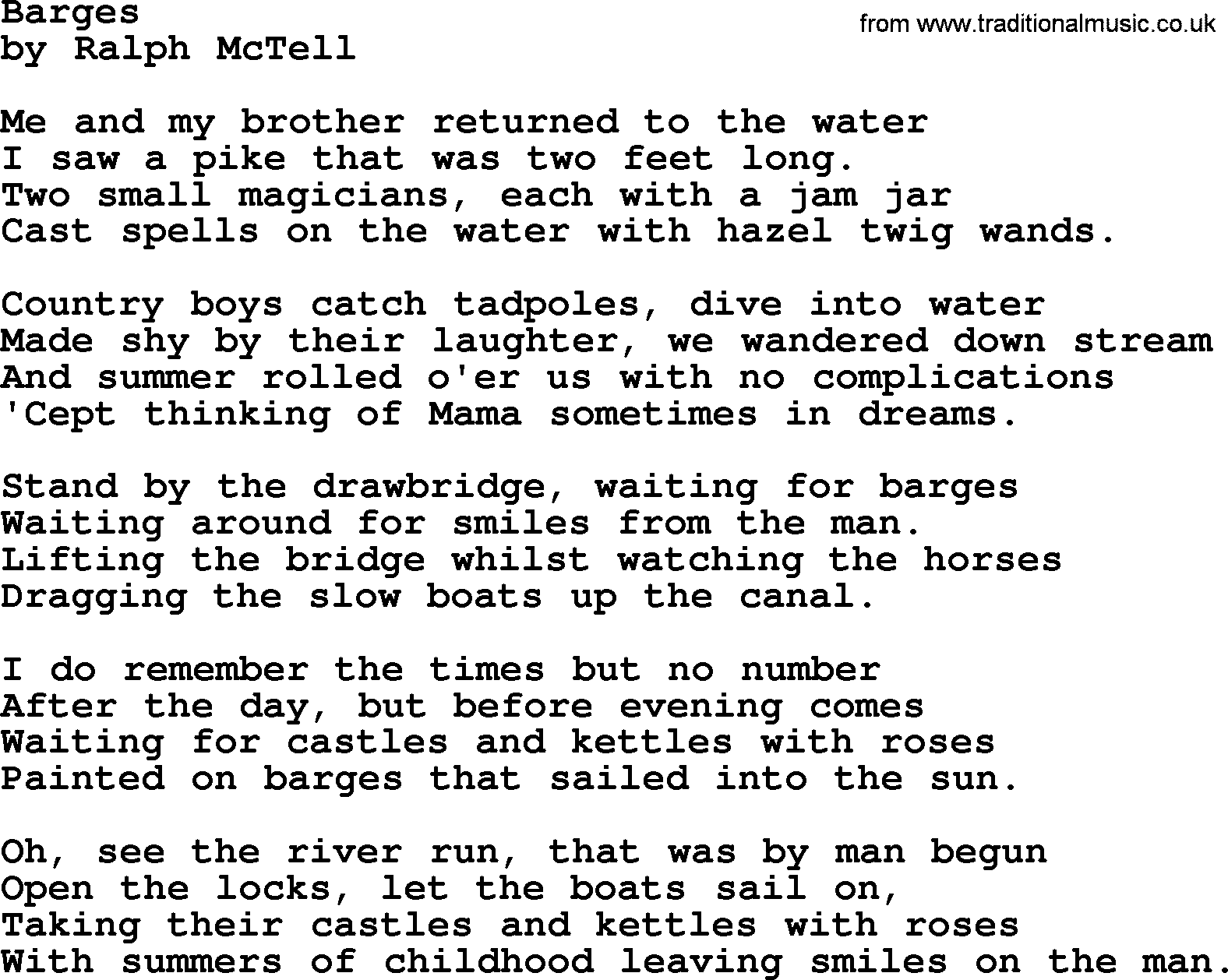 Ralph McTell Song: Barges, lyrics