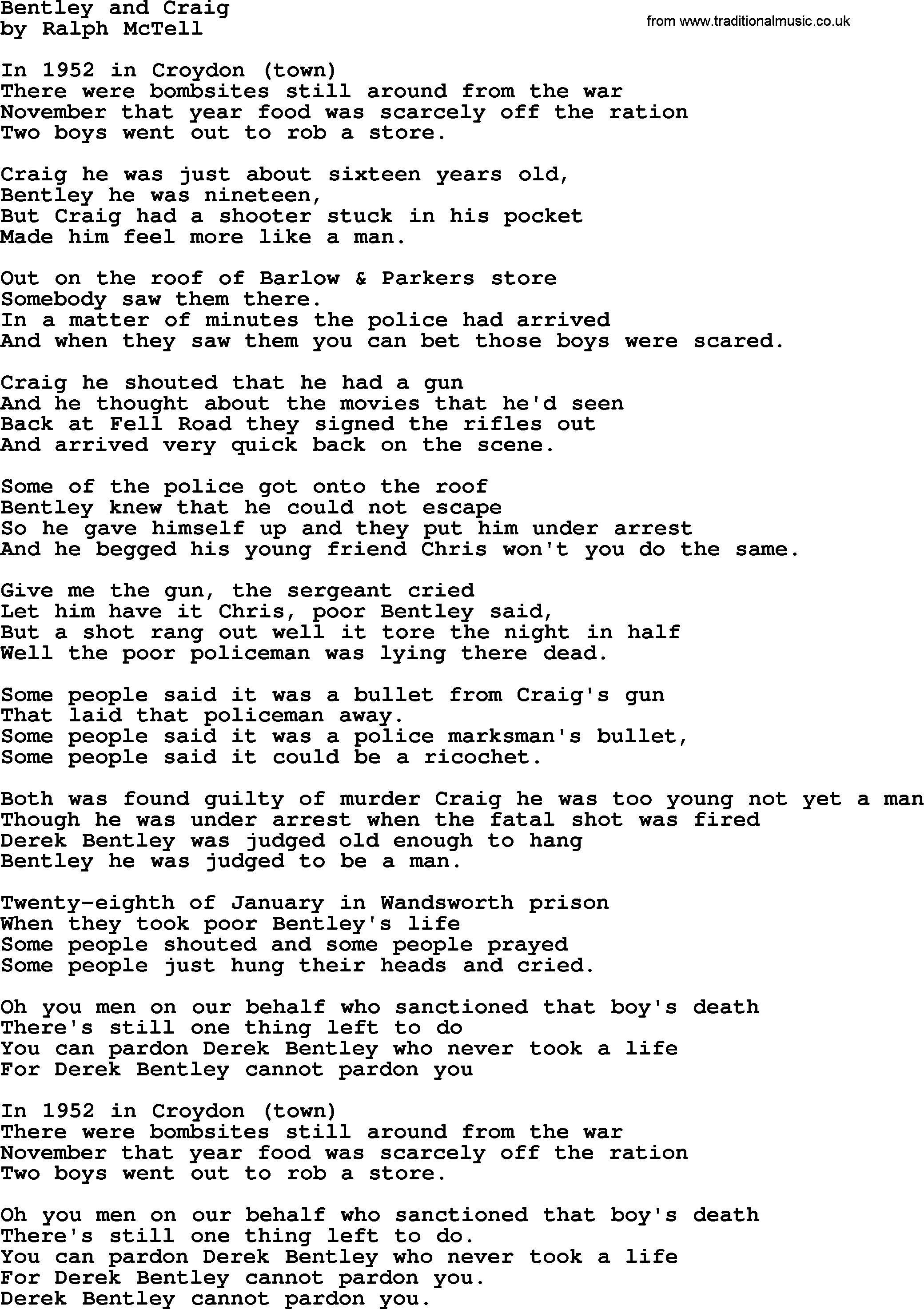 Ralph McTell Song: Bentley And Craig, lyrics