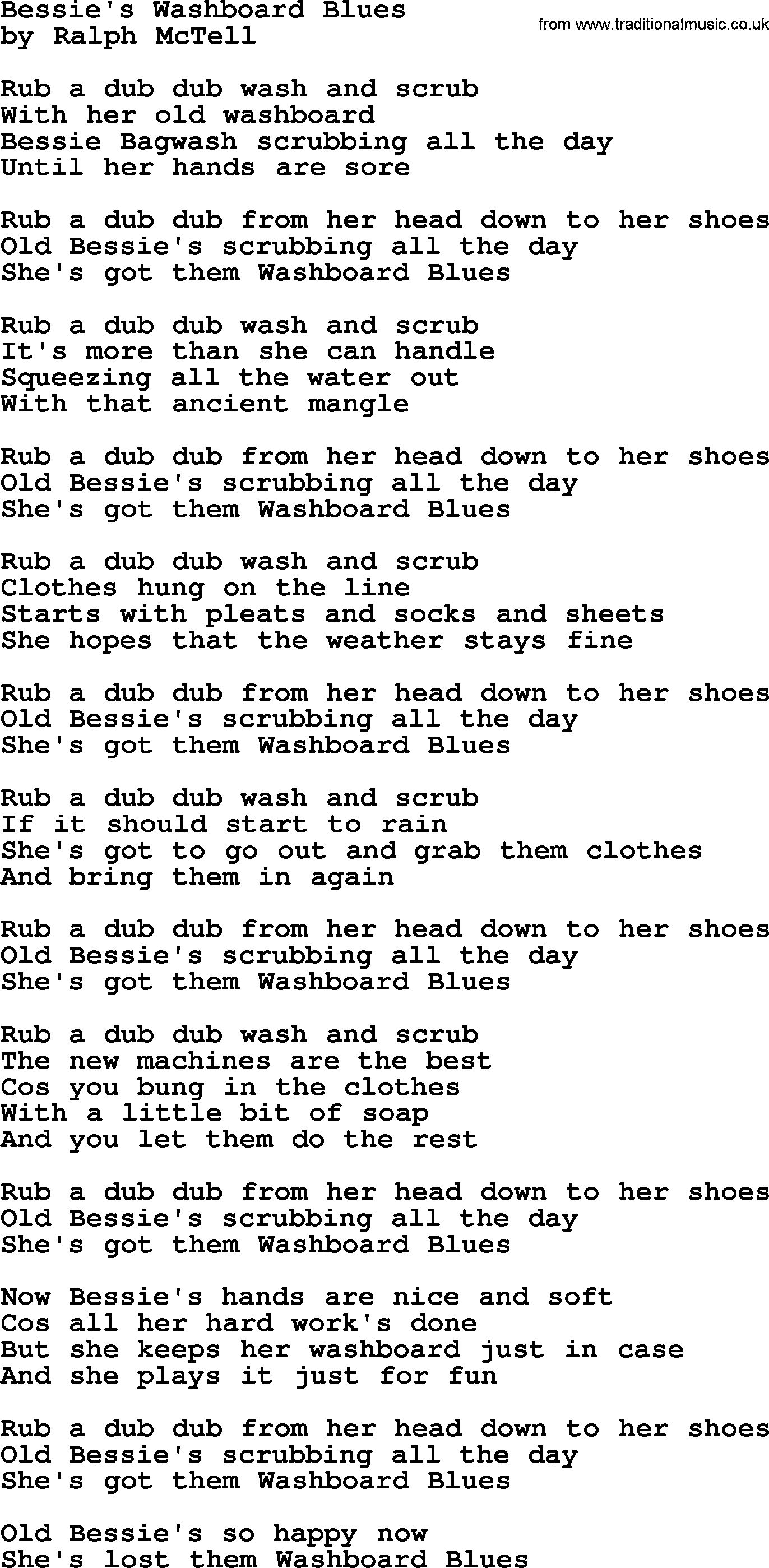 Ralph McTell Song: Bessie's Washboard Blues, lyrics