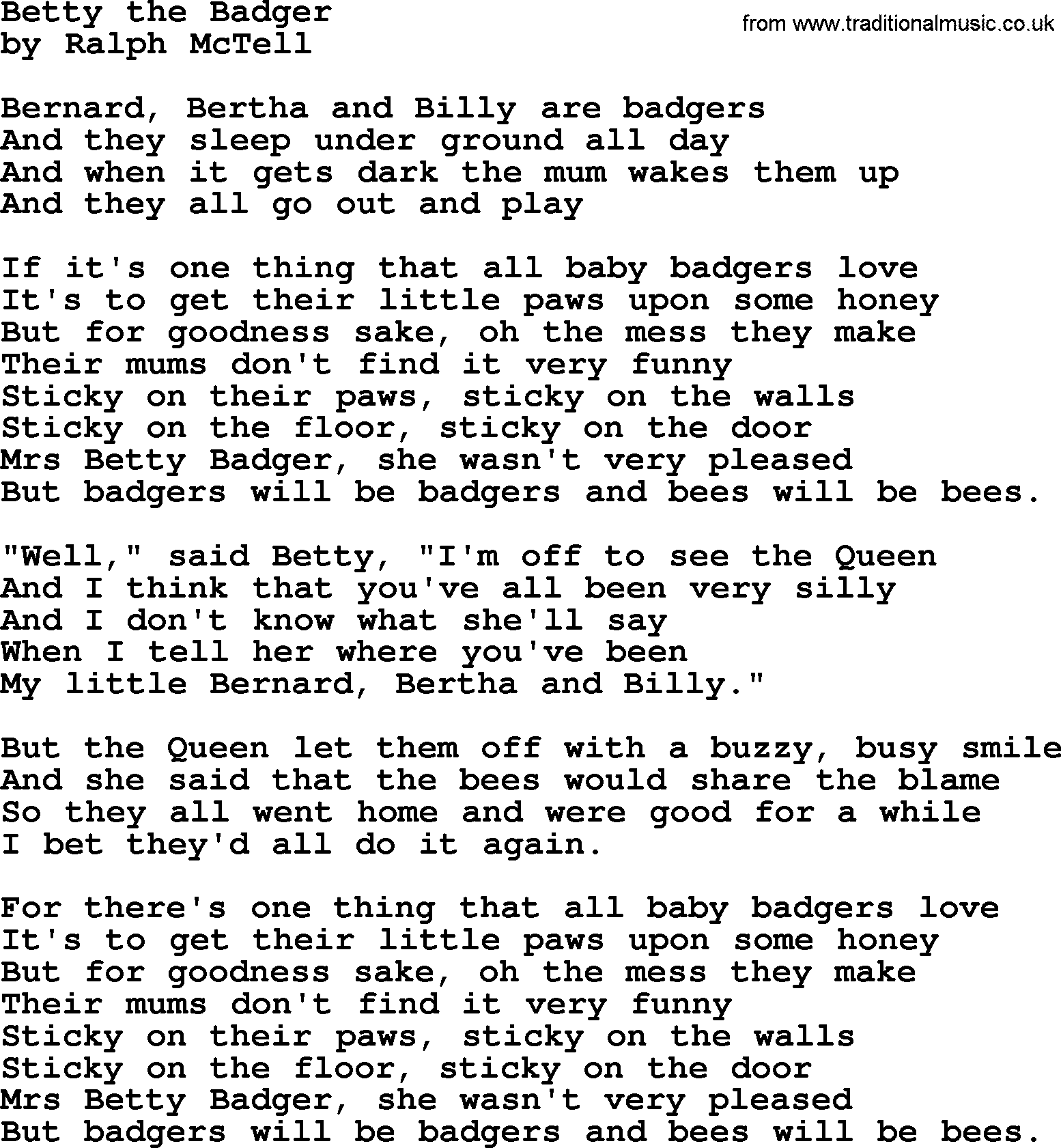 Ralph McTell Song: Betty The Badger, lyrics