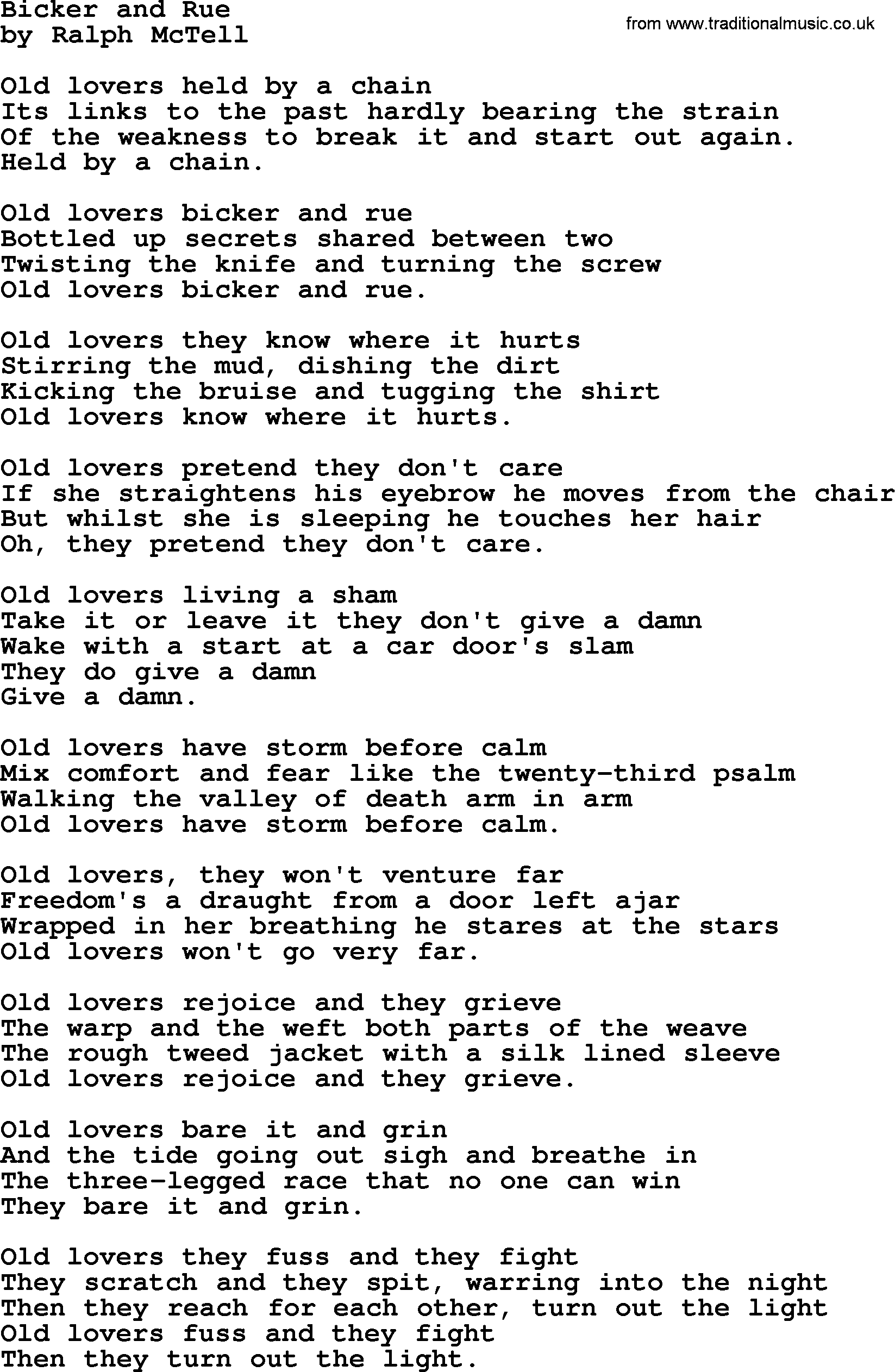 Ralph McTell Song: Bicker And Rue, lyrics