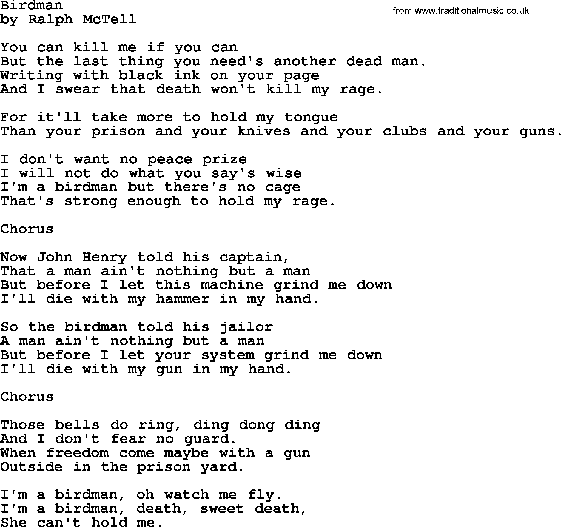 Ralph McTell Song: Birdman, lyrics