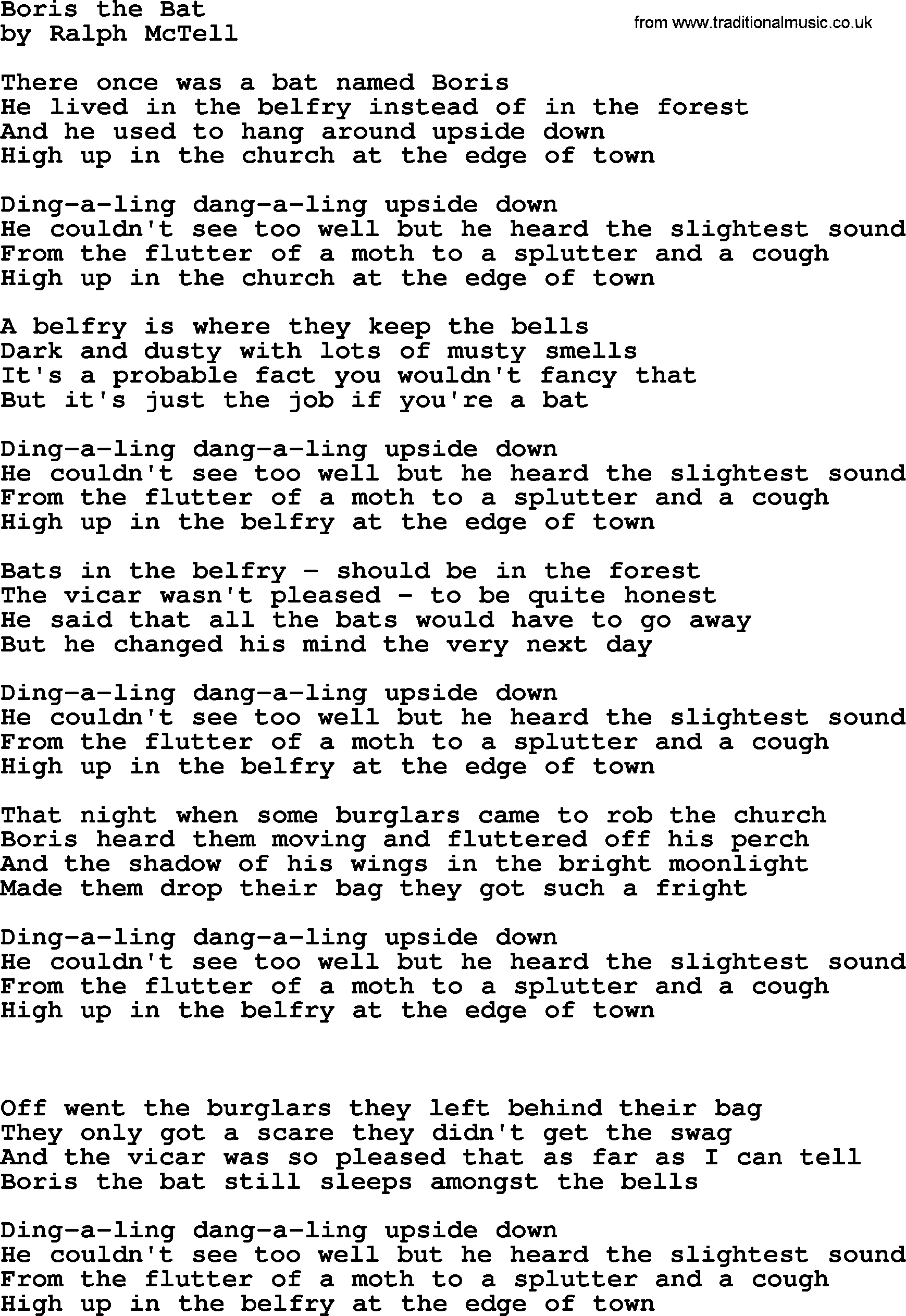 Ralph McTell Song: Boris The Bat, lyrics