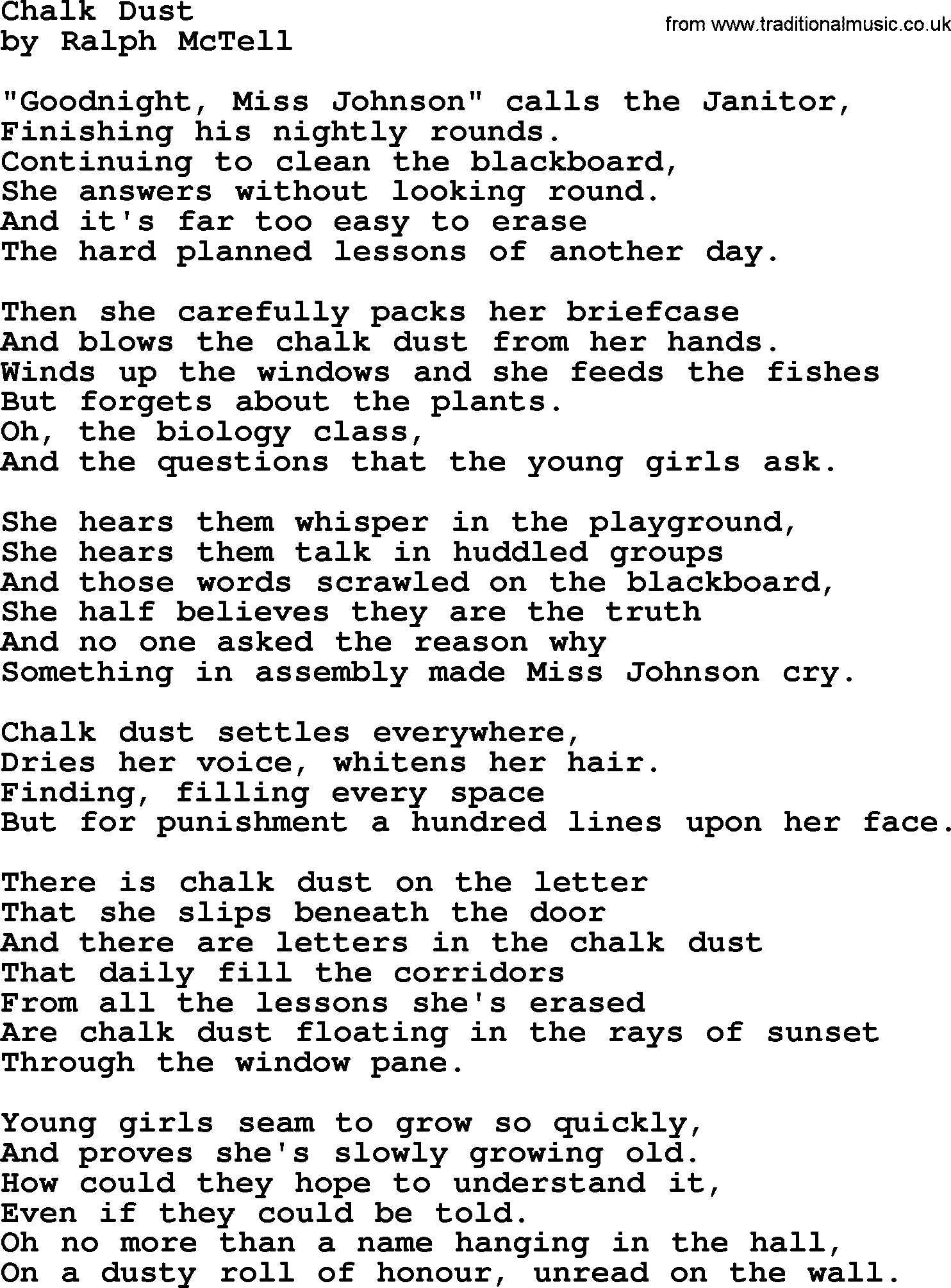 Ralph McTell Song: Chalk Dust, lyrics