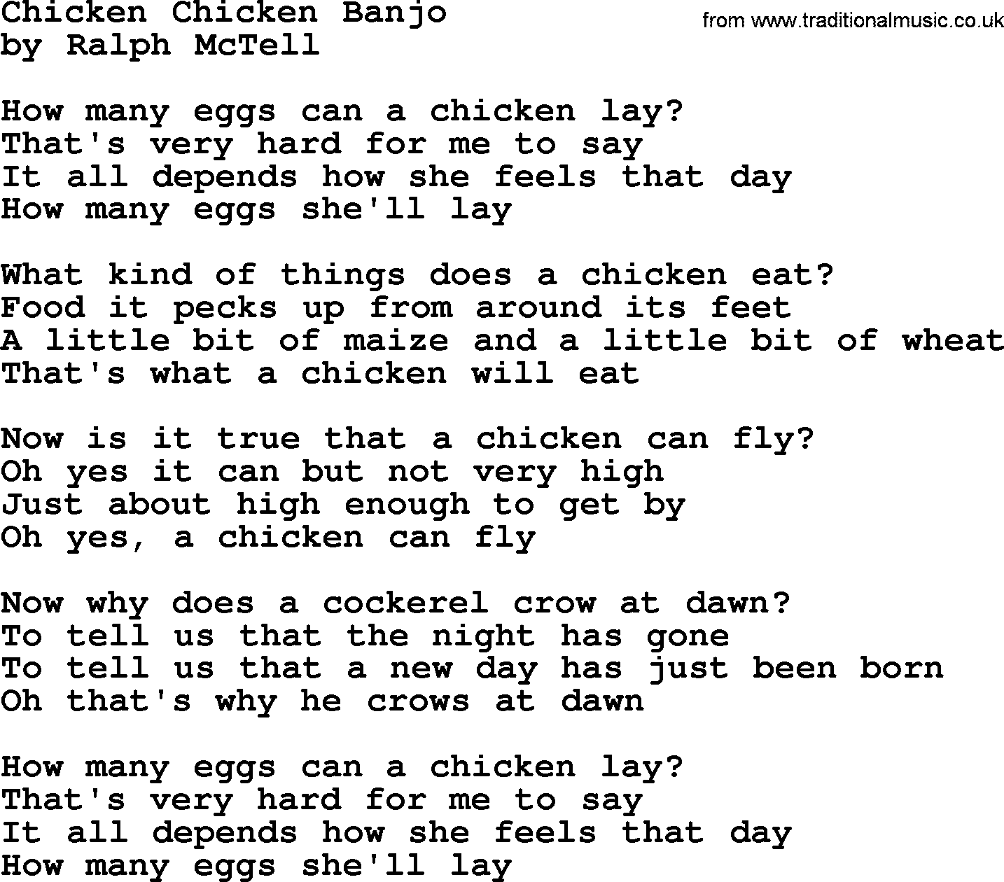 Ralph McTell Song: Chicken Chicken Banjo, lyrics