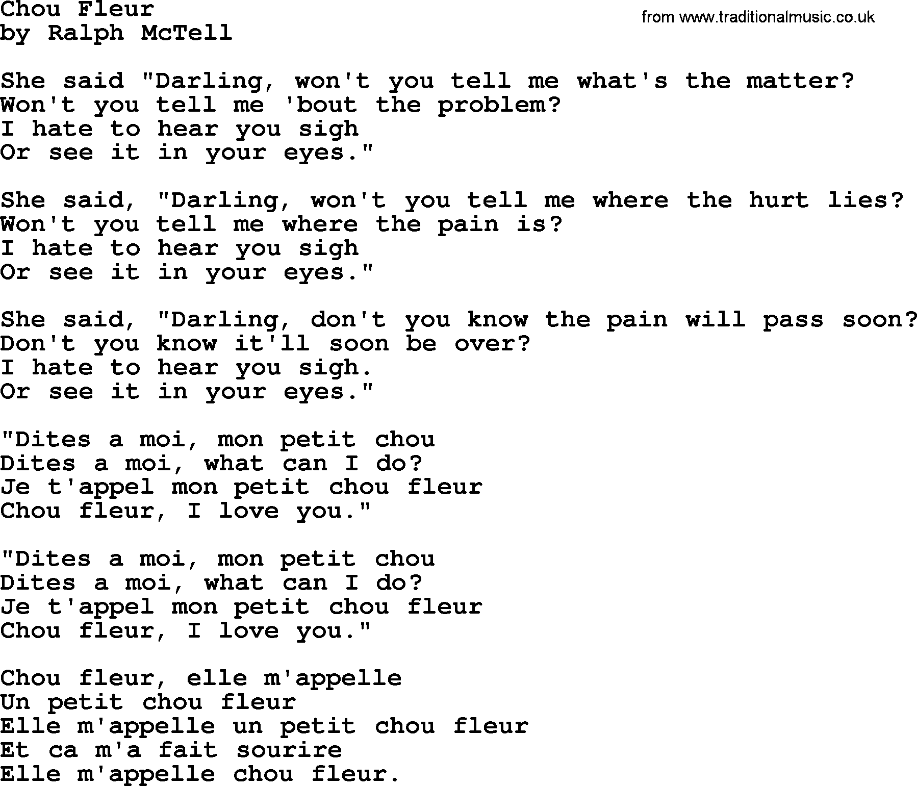 Ralph McTell Song: Chou Fleur, lyrics