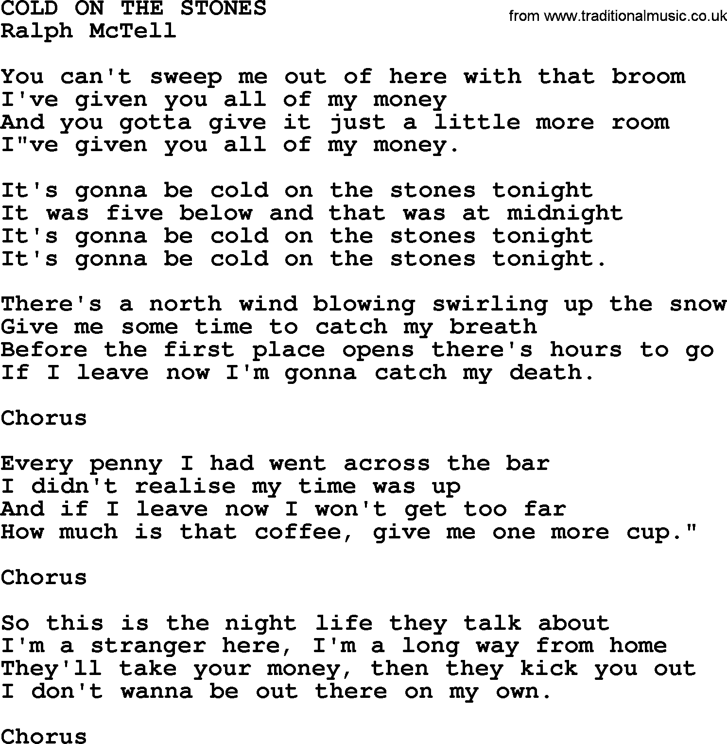 Ralph McTell Song: Cold On The Stones, lyrics