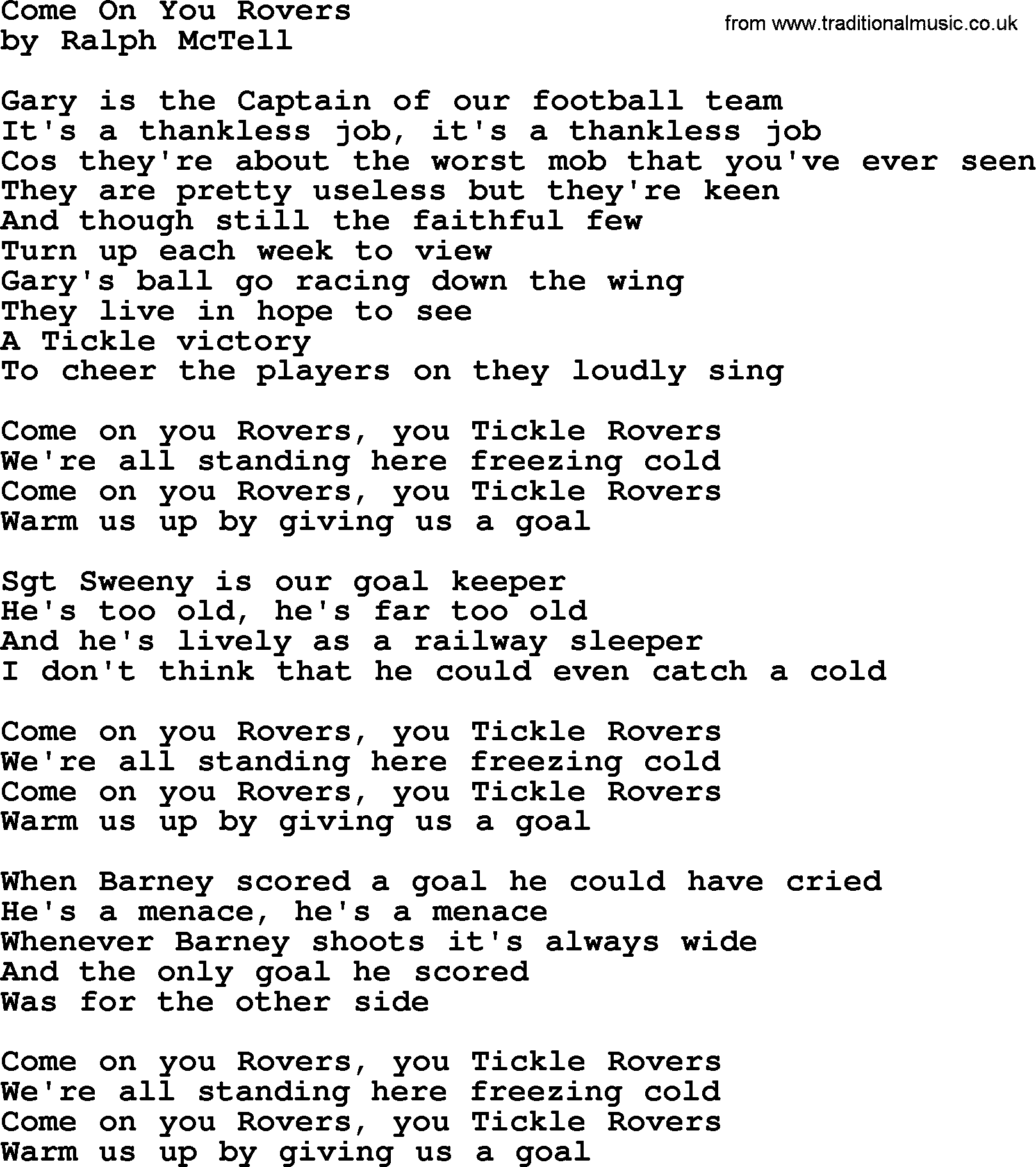 Ralph McTell Song: Come On You Rovers, lyrics