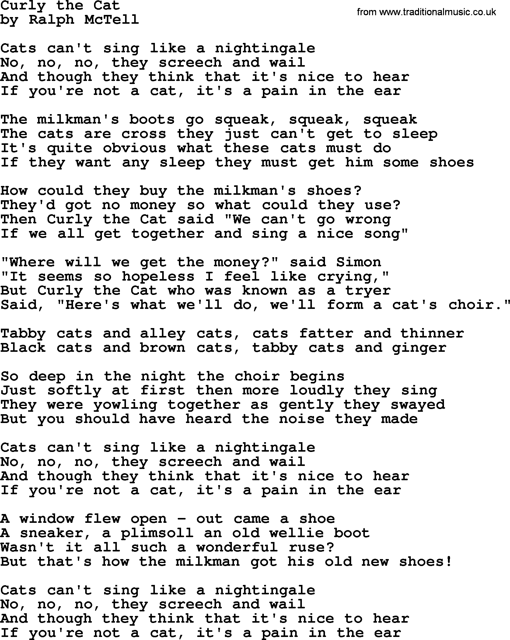 Ralph McTell Song: Curly The Cat, lyrics