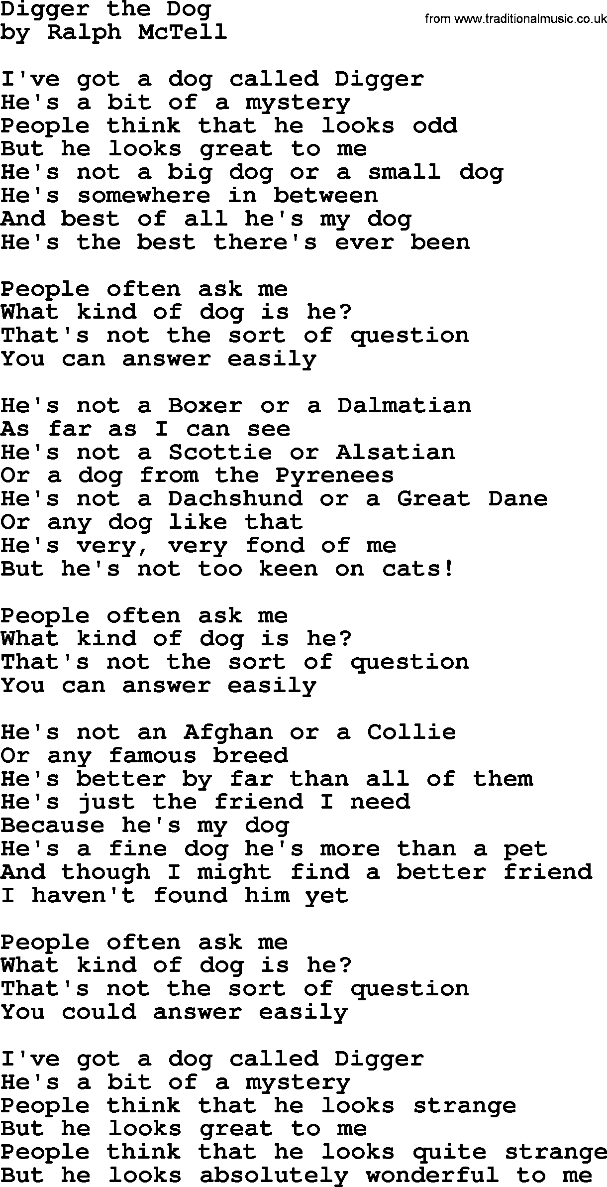 Ralph McTell Song: Digger The Dog, lyrics