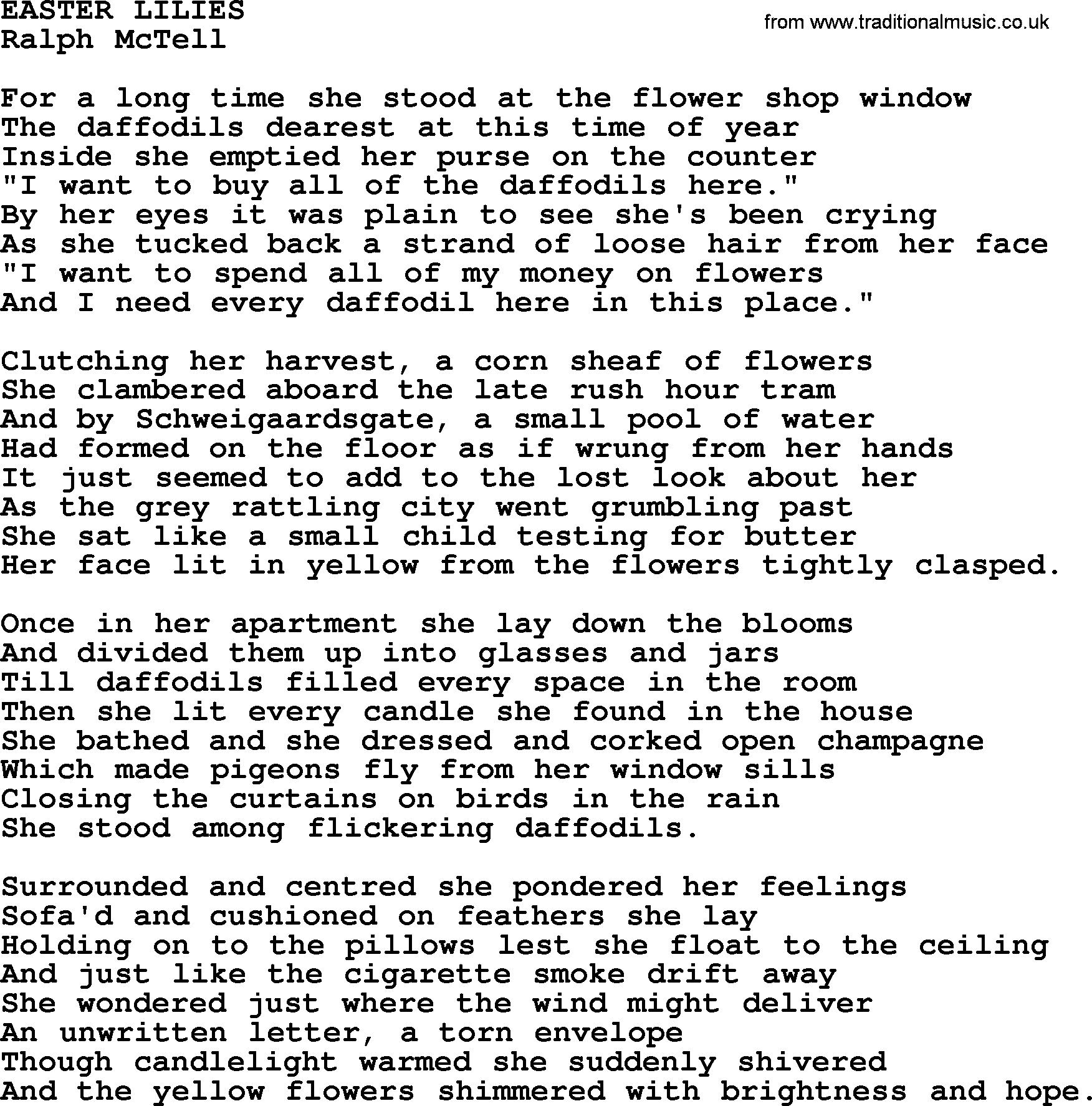 Ralph McTell Song: Easter Lilies, lyrics
