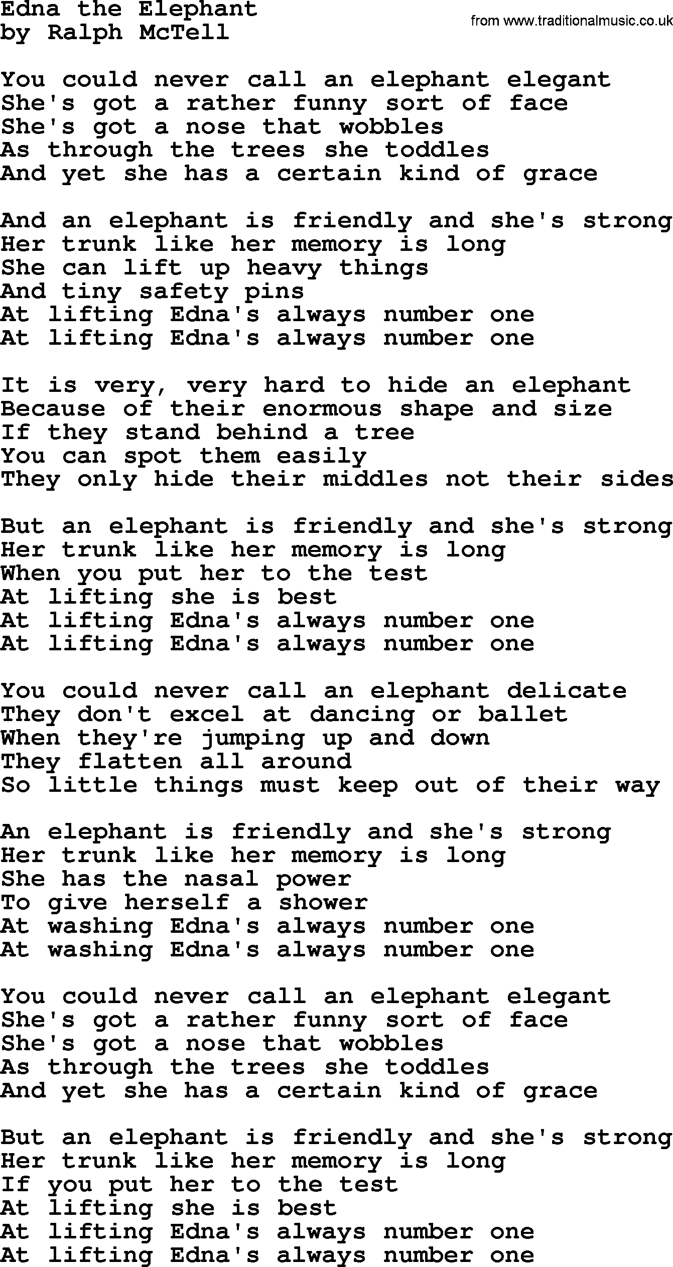 Ralph McTell Song: Edna The Elephant, lyrics