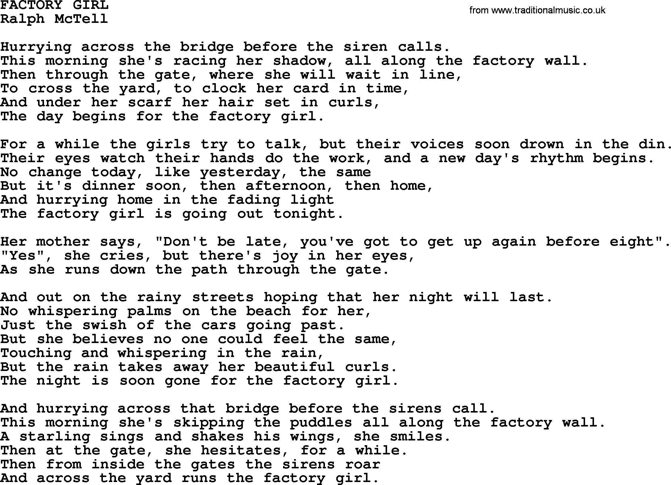 Ralph McTell Song: Factory Girl, lyrics