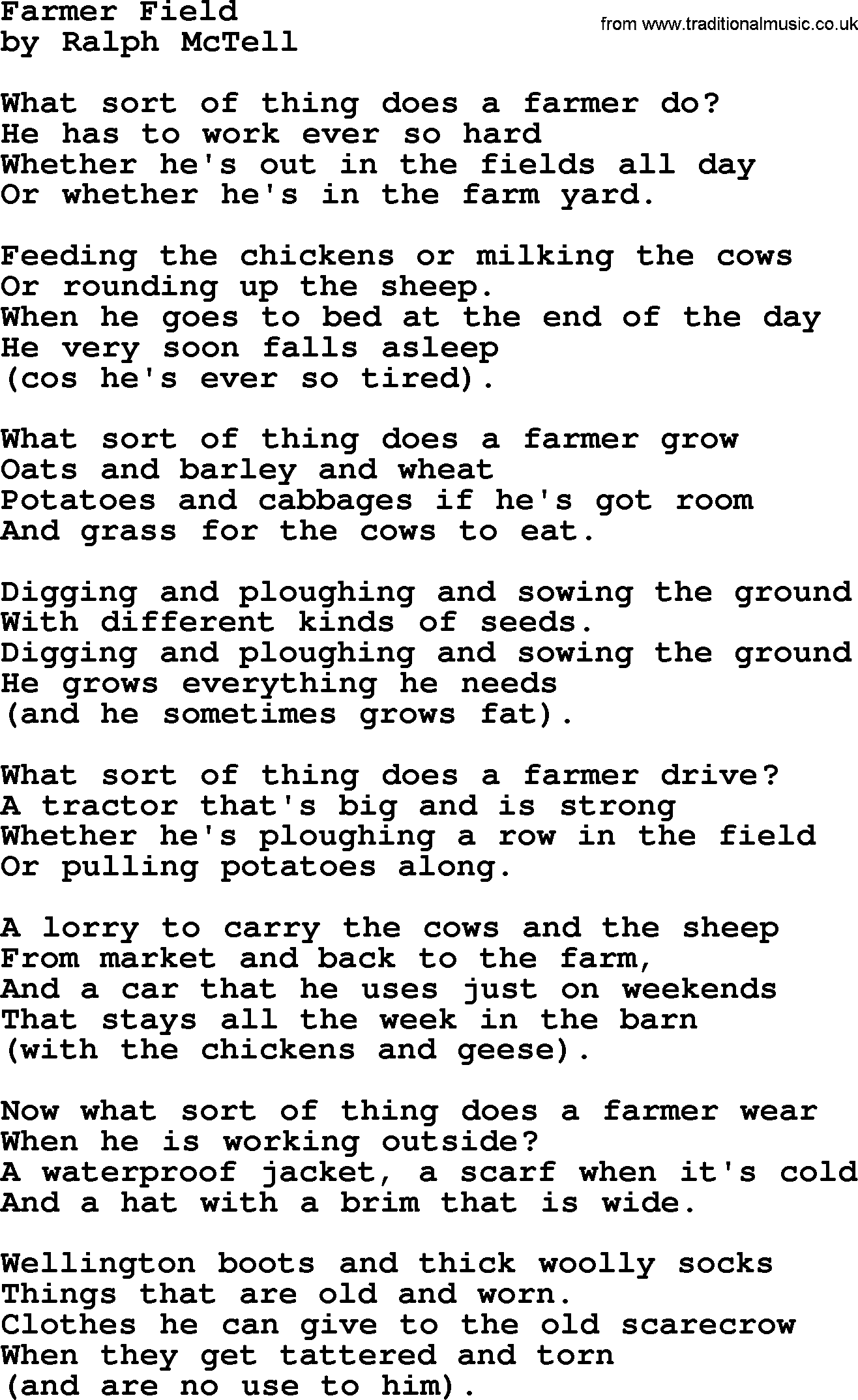 Ralph McTell Song: Farmer Field, lyrics