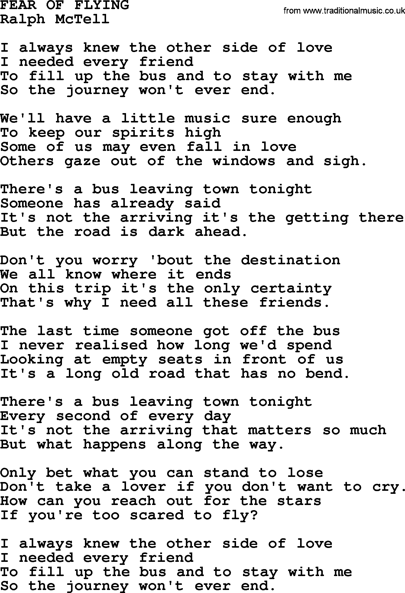 Ralph McTell Song: Fear Of Flying, lyrics