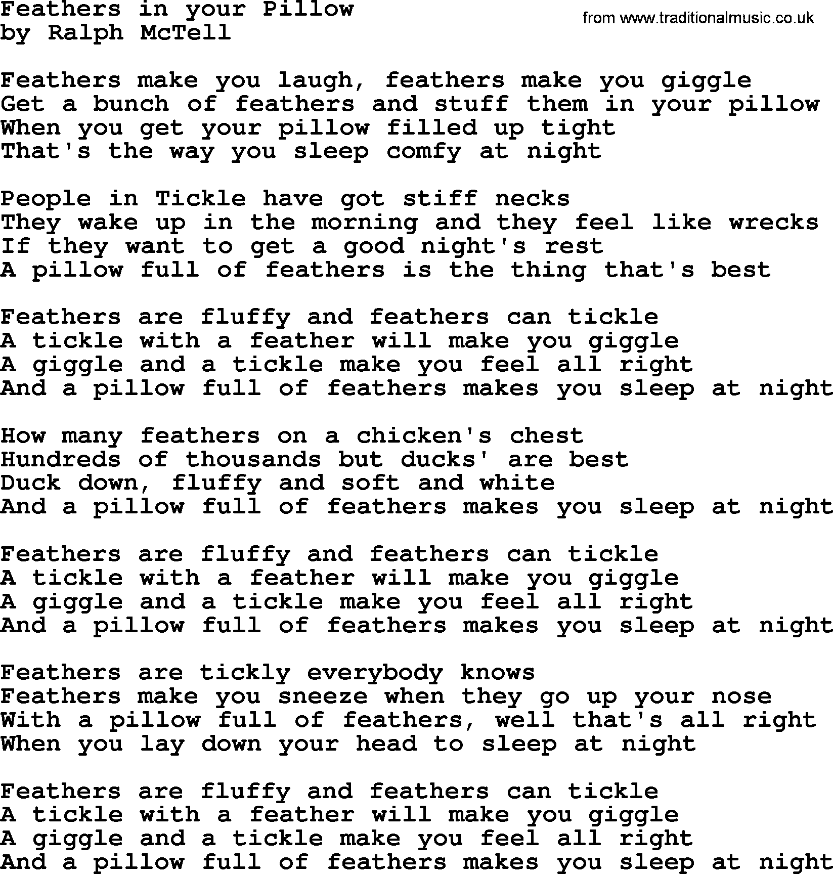 Ralph McTell Song: Feathers In Your Pillow, lyrics