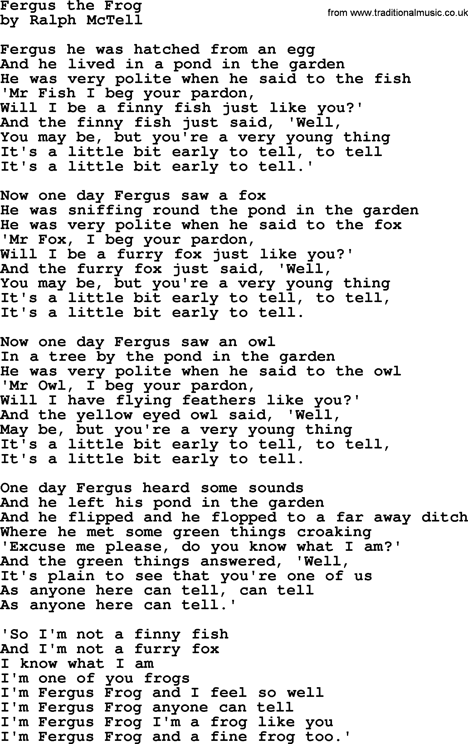 Ralph McTell Song: Fergus The Frog, lyrics