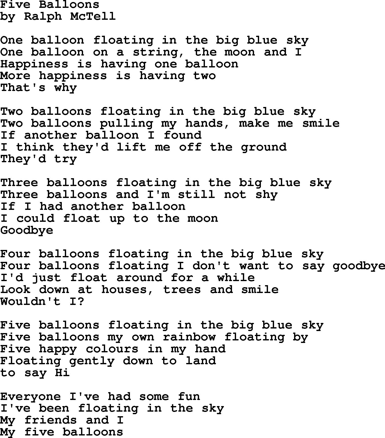 Ralph McTell Song: Five Balloons, lyrics